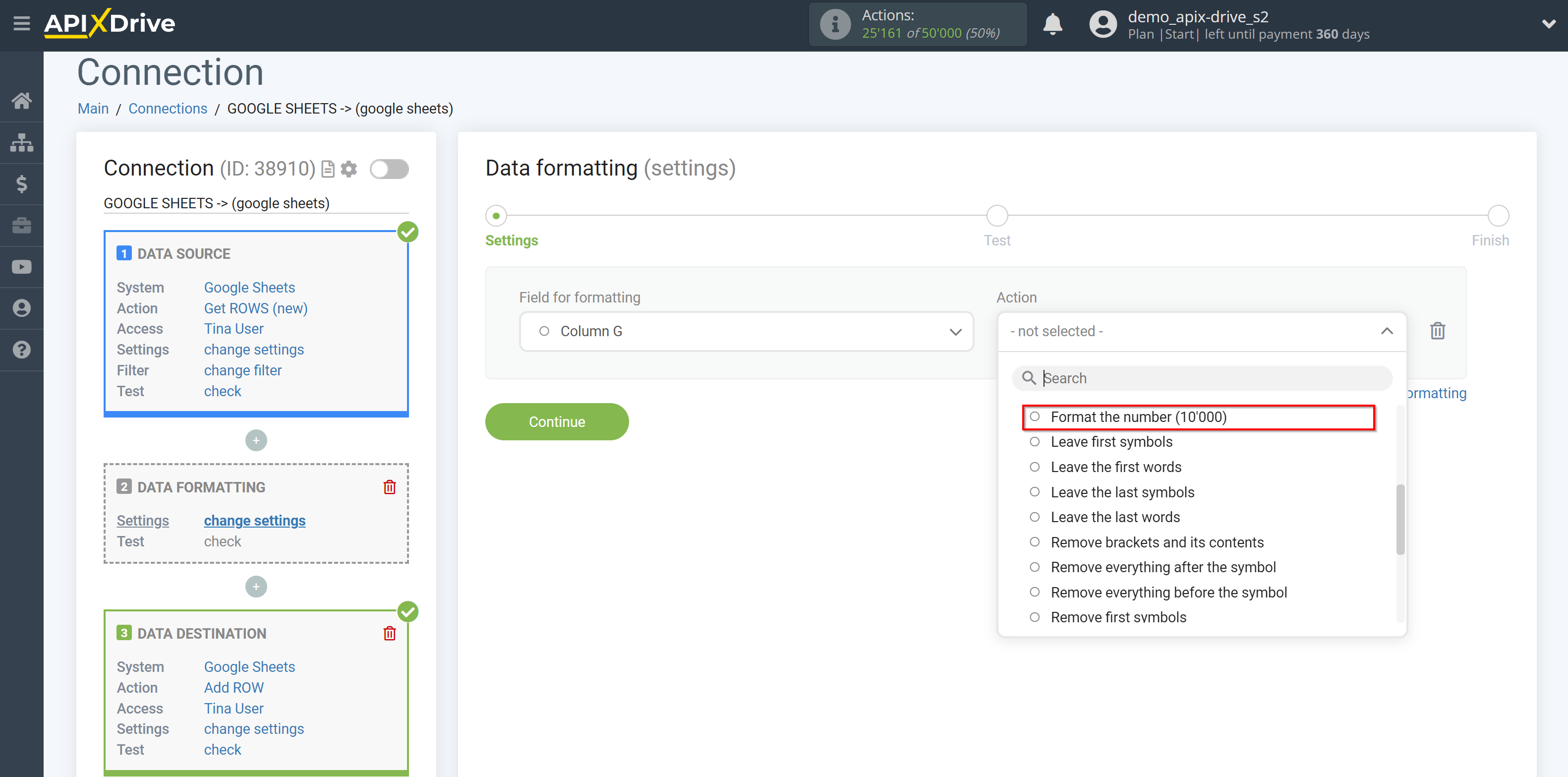 How to setup Data Formatting | Selecting the function&nbsp;Format the number (10’000)