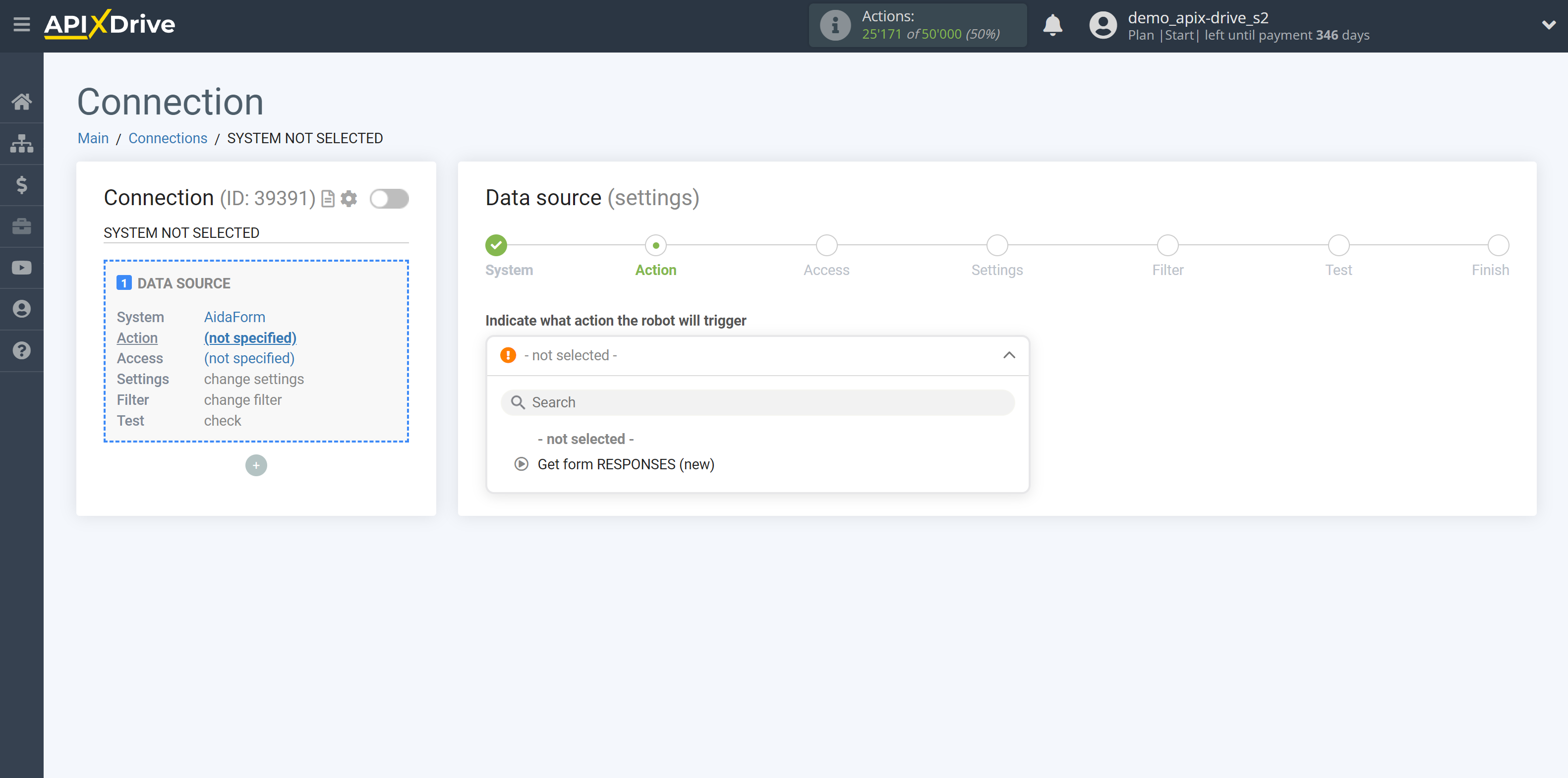 How to Connect AidaForm as Data Source | Action selection