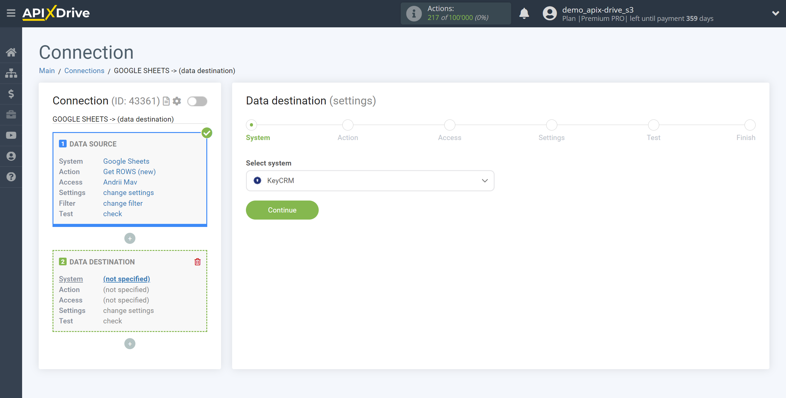 How to Connect KeyCRM as Data Destination | System selection