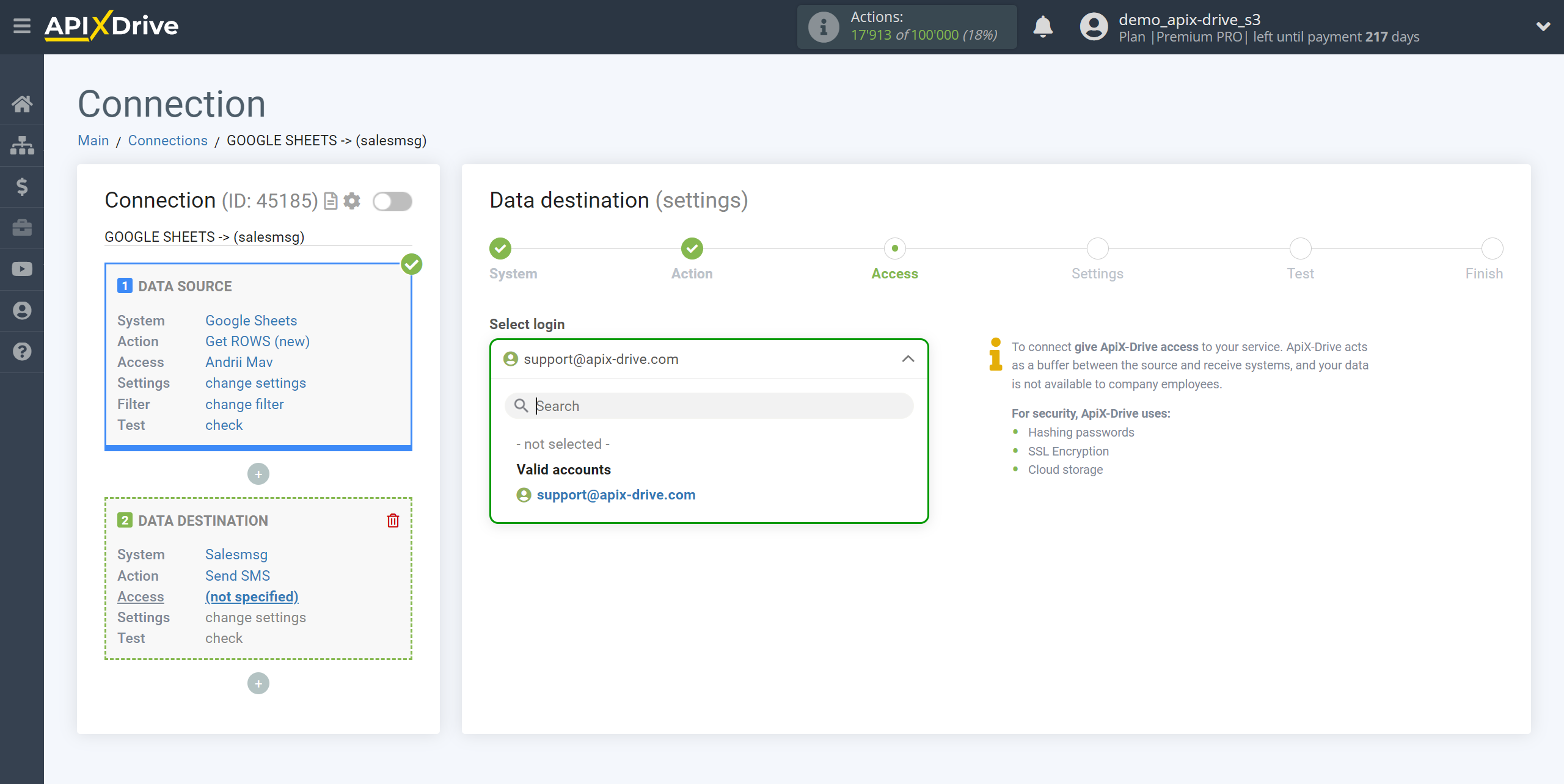 How to Connect Salesmsg as Data Destination | Account selection