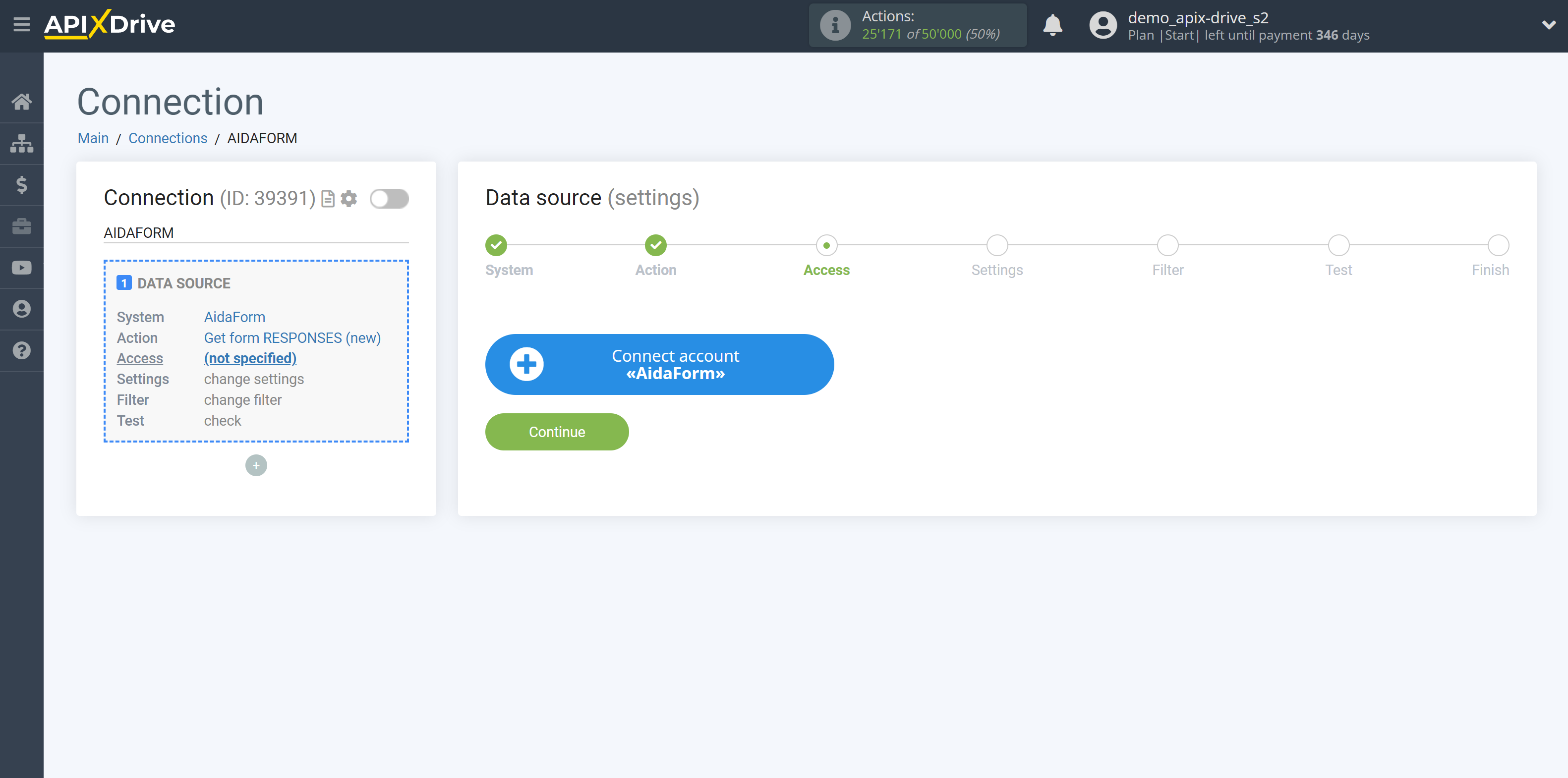 How to Connect AidaForm as Data Source | Account connection