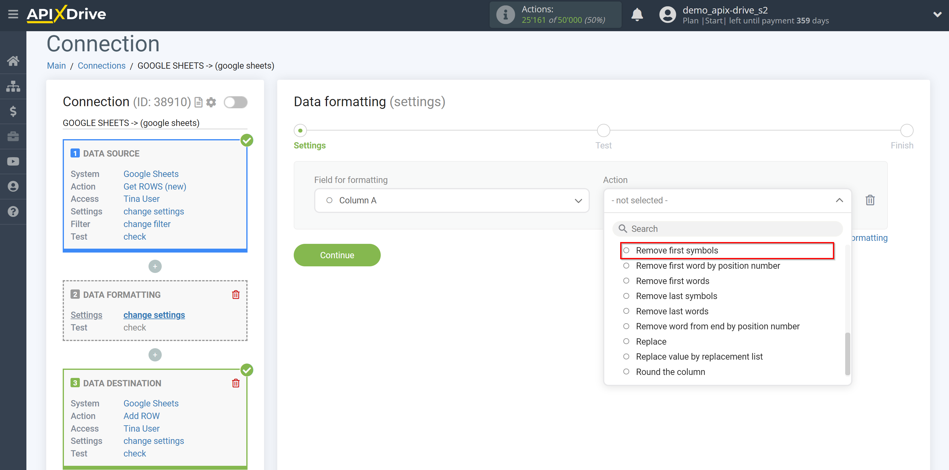 How to setup Data Formatting | Selecting the function&nbsp;Remove first symbols