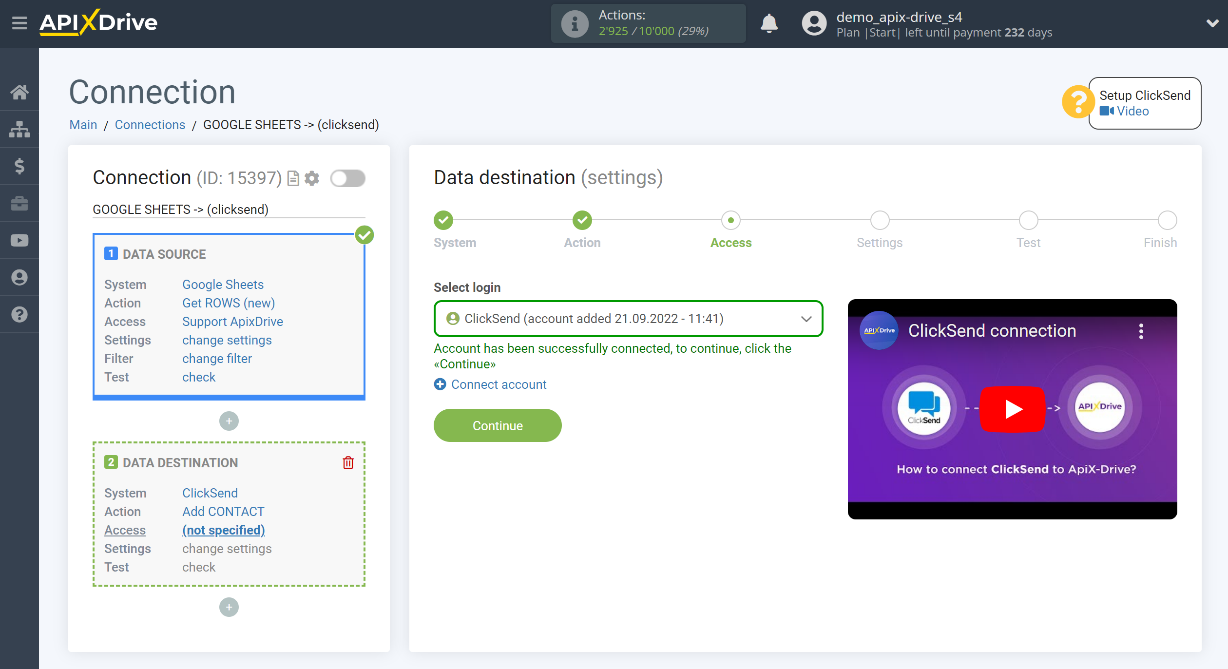 How to Connect ClickSend as Data Destination | Account connection