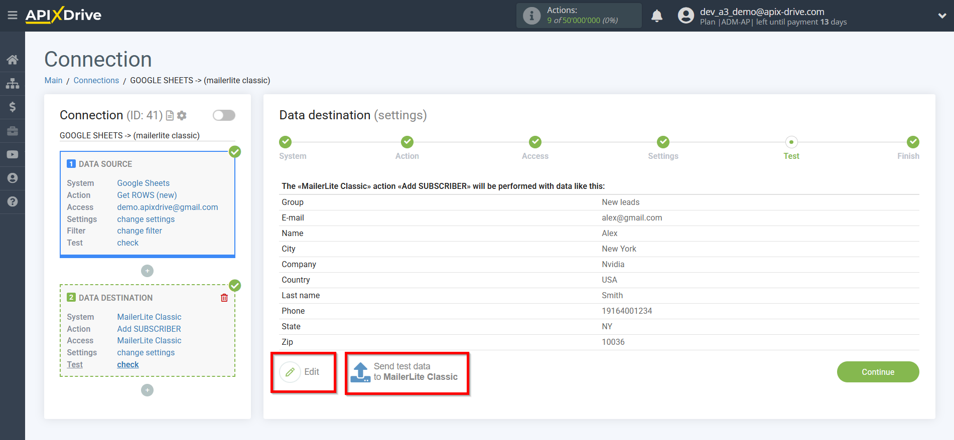 How to Connect MailerLite Classic as Data Destination | Test data