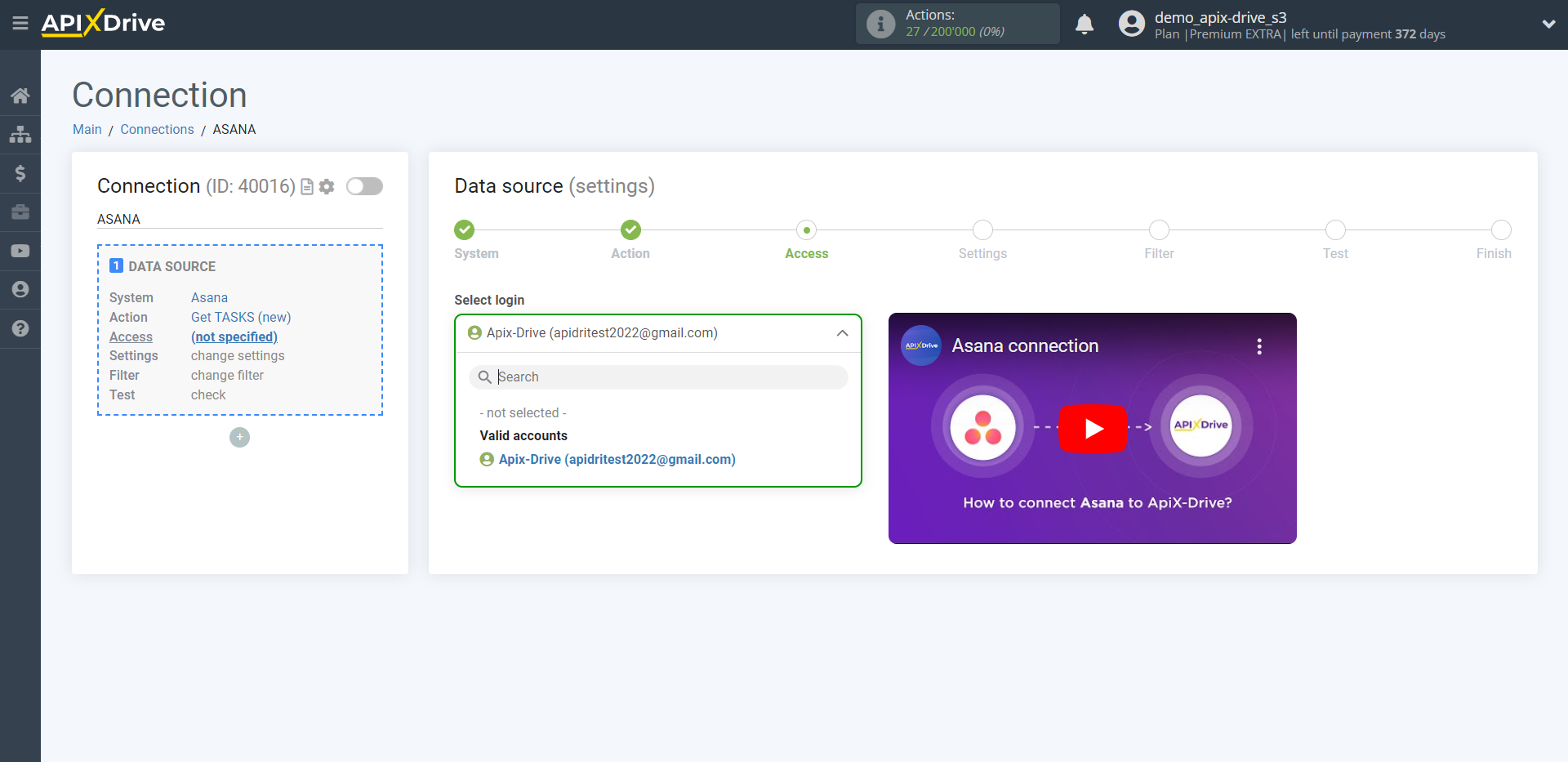 How to Connect Asana as Data Source | Account selection