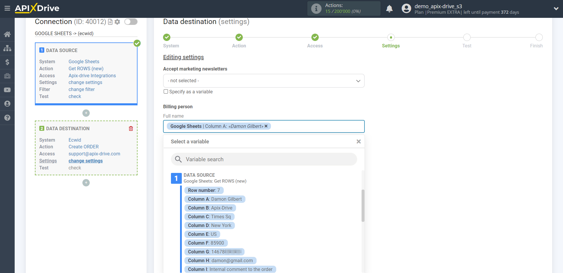 How to Connect Ecwid as Data Destination | Assigning fields