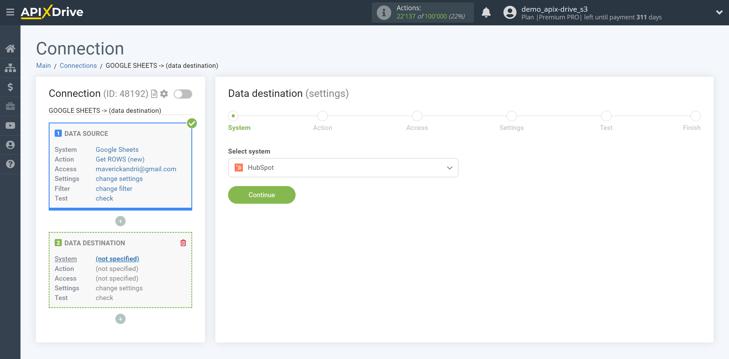 How to setup HubSpot Update Deal / Create Deal | System selection a Data Destination