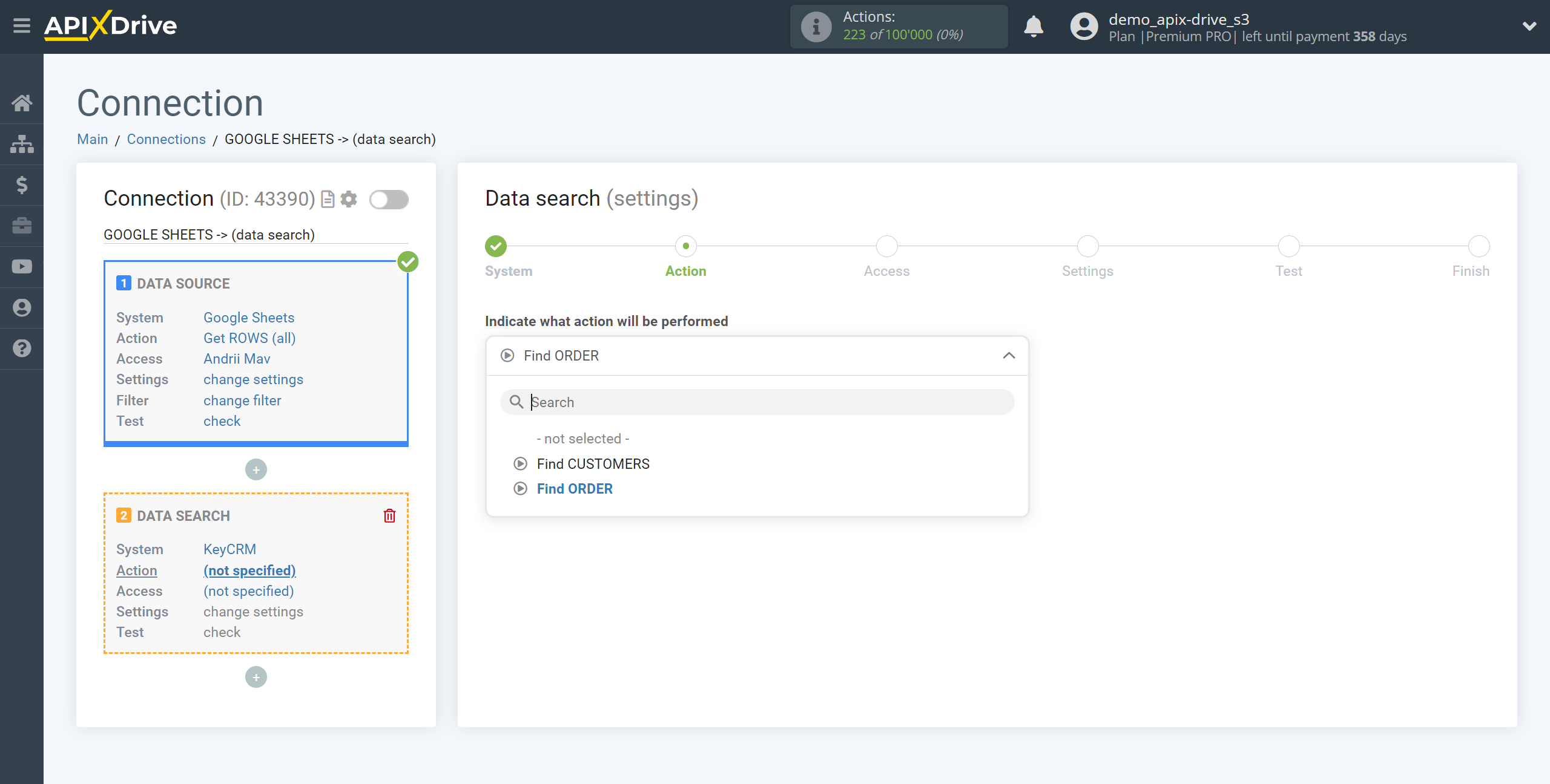 Setting up KeyCRM Order Search in Google Sheets | Action selection