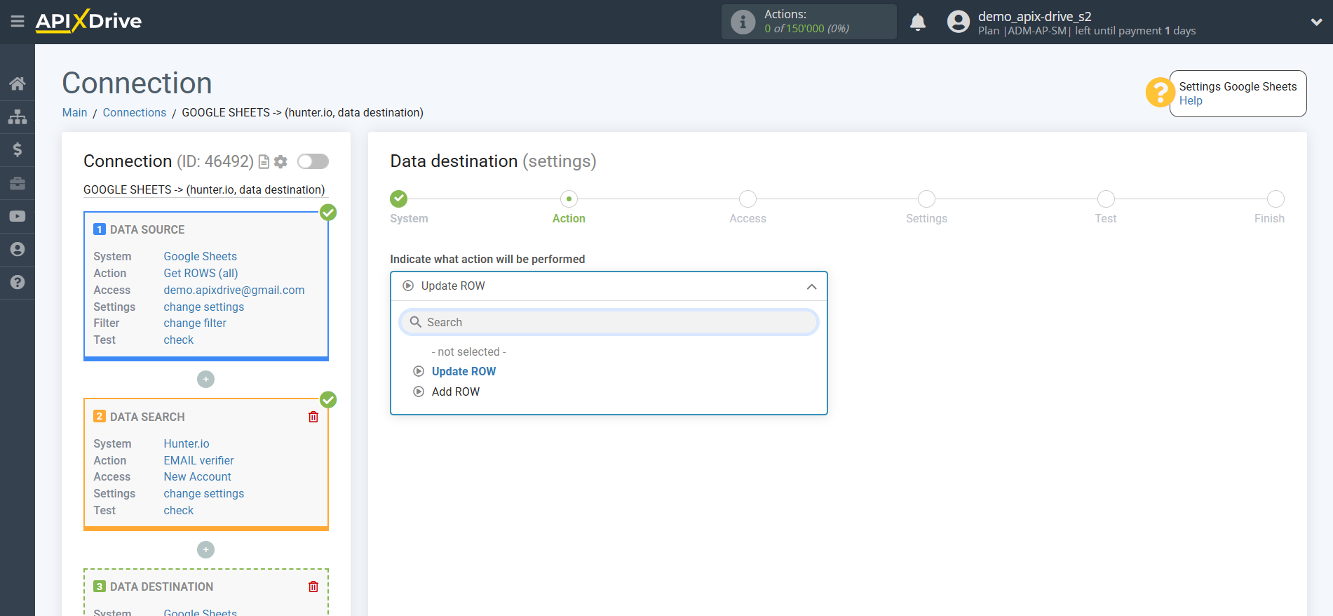 Setting Search to Verification EMAIL Hunter.io in Google Sheets | Action selection Setting Search to Verification EMAIL Hunter.io in Google Sheets | Action selection