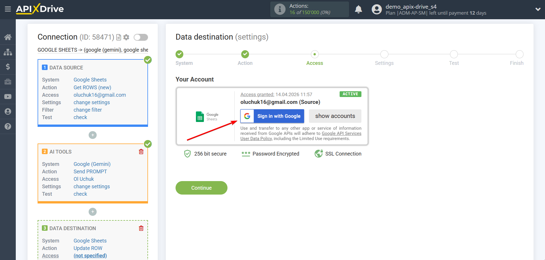 Setting up Gemini in Google Sheets | Account selection