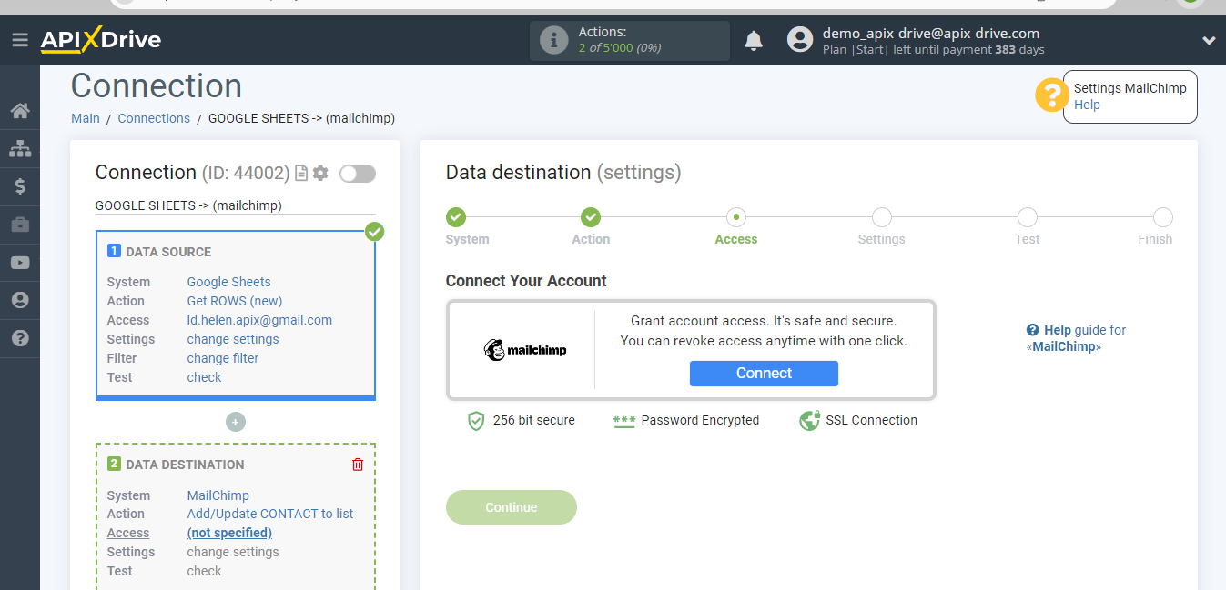 How to Connect MailChimp as Data Destination | Account connection