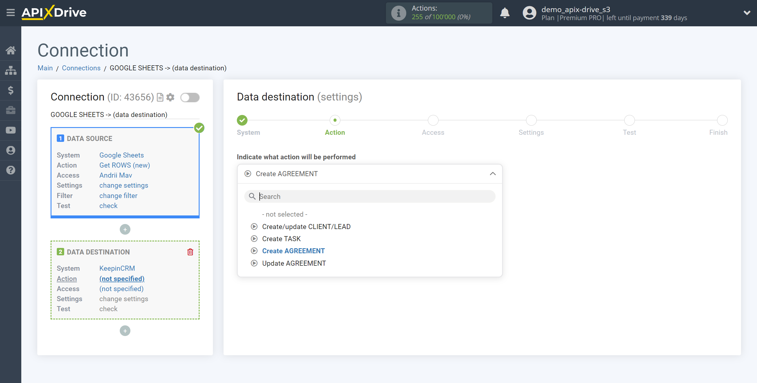 How to Connect KeepinCRM as Data Destination | Action selection