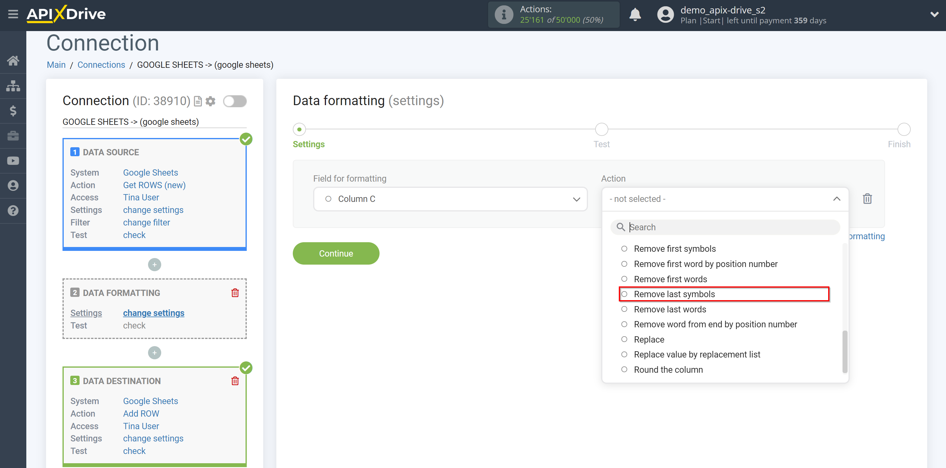 How to setup Data Formatting | Selecting the function Remove last symbols