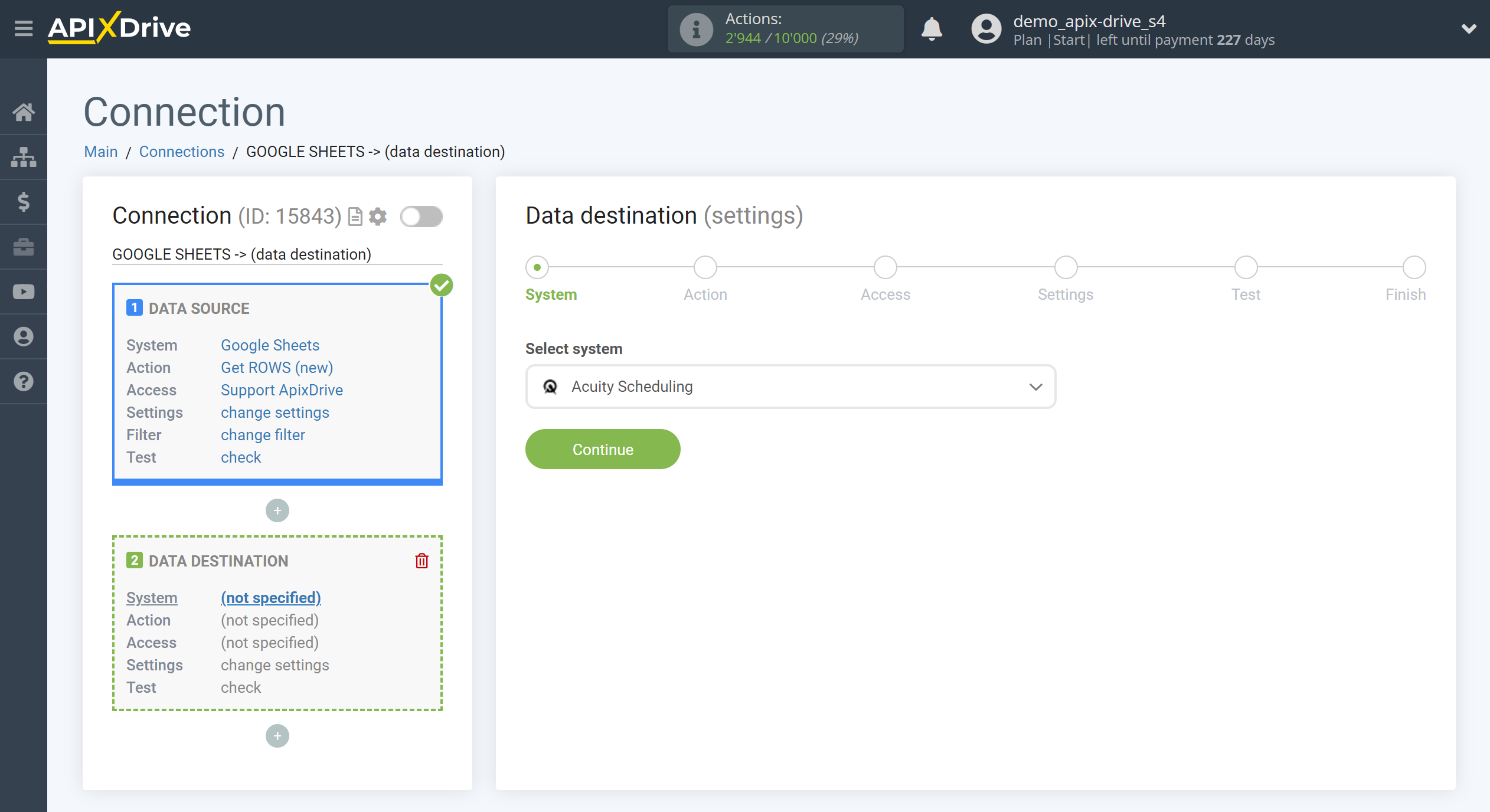 How to Connect Acuity Scheduling as Data Destination | System selection