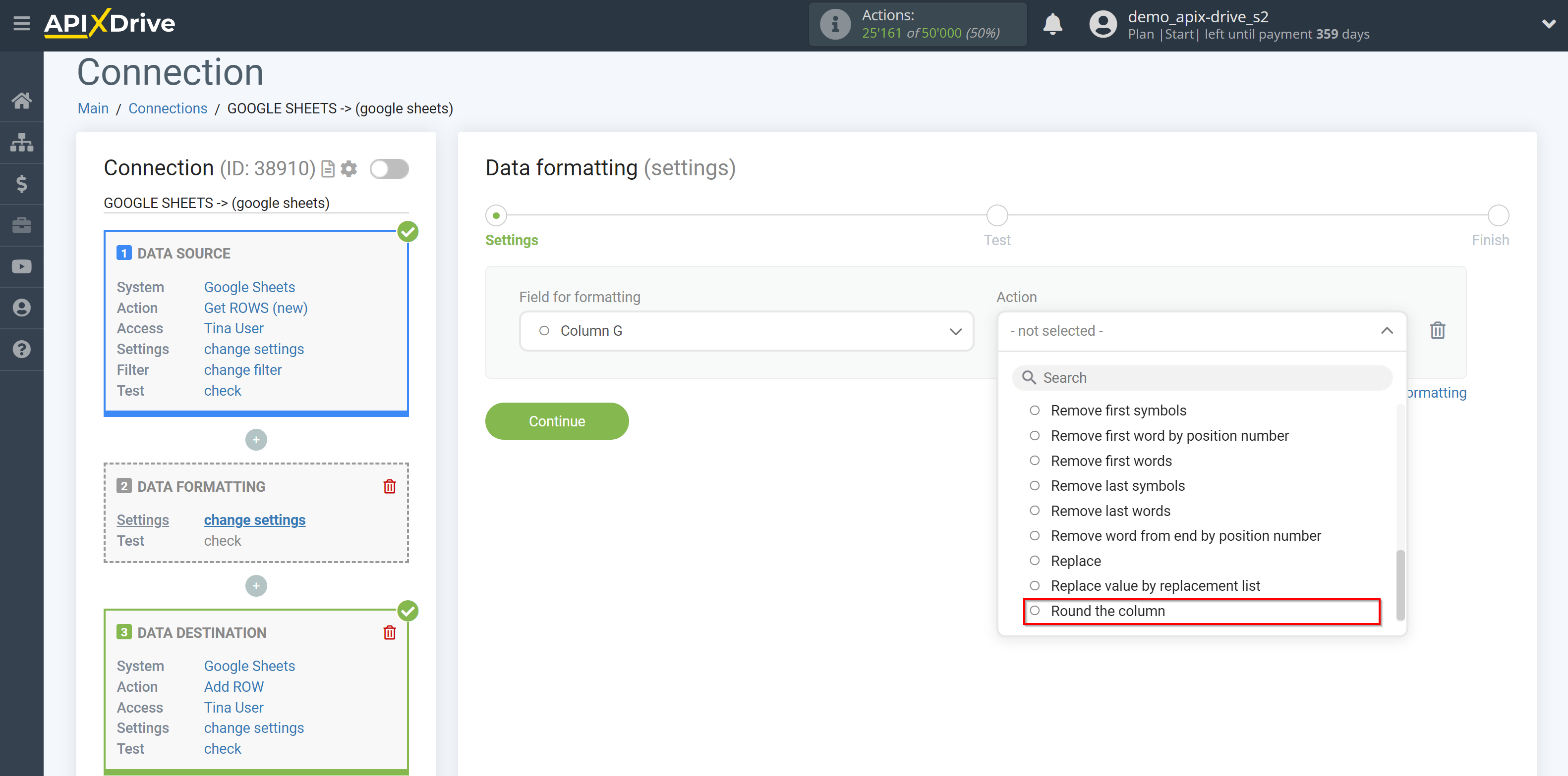 How to setup Data Formatting | Selecting the function&nbsp;Round the column