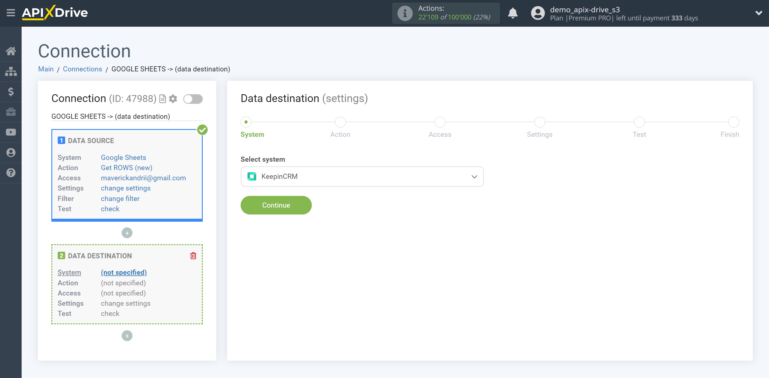 How to setup KeepinCRM Update Agreement / Create Agreement | System selection a Data Destination