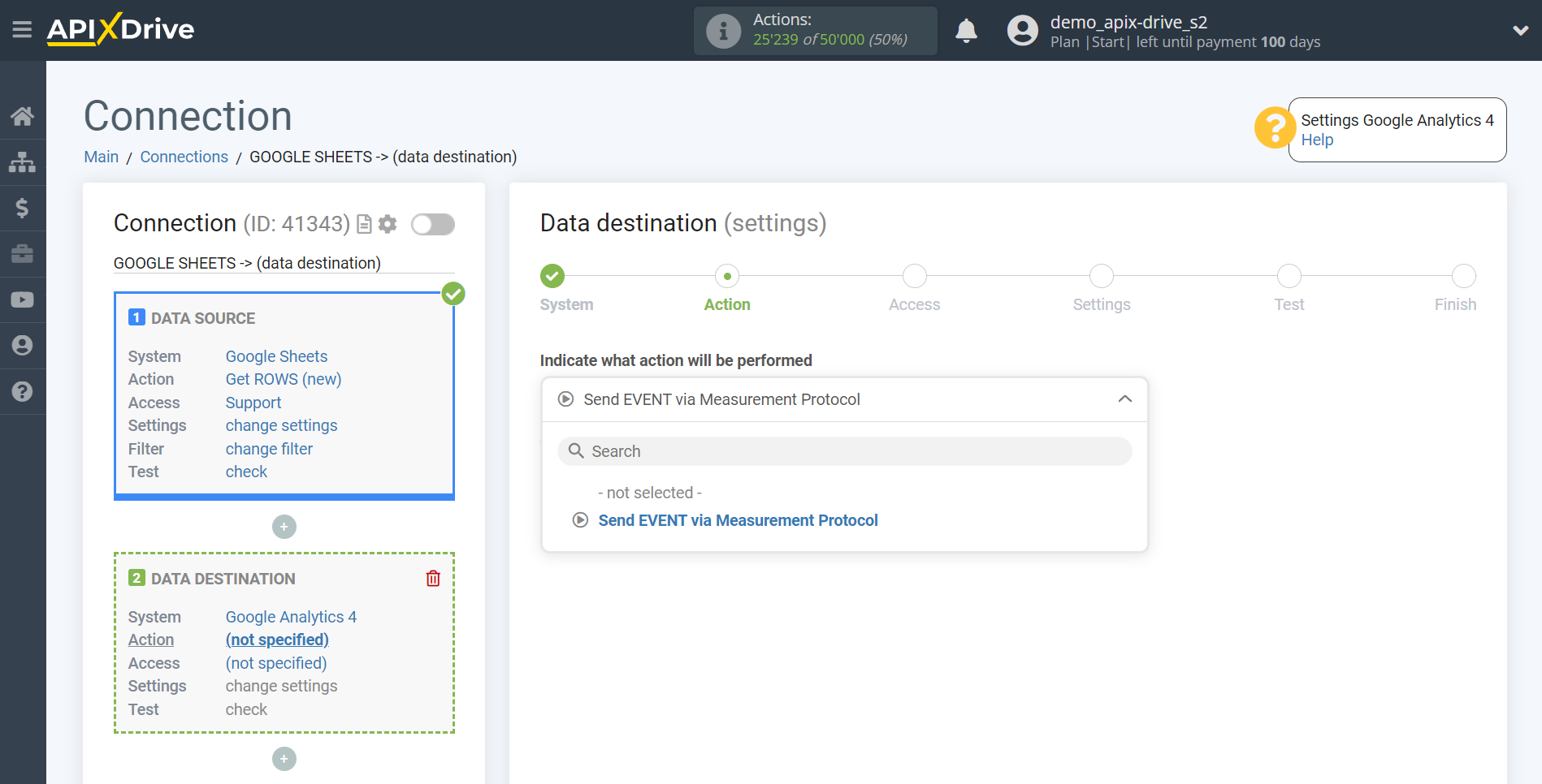 How to Connect Google Analytics 4 as Data Destination | Action selection