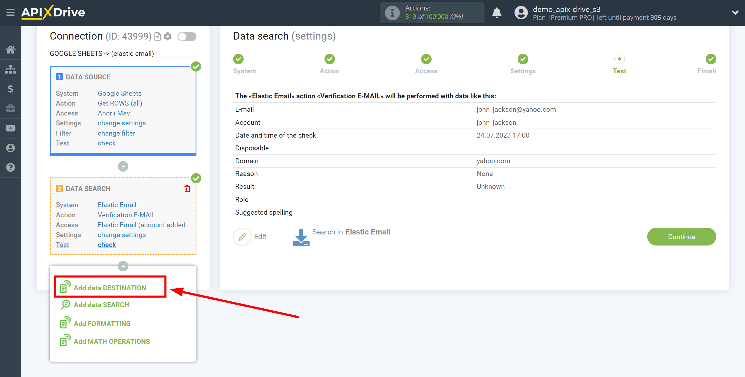 Setting Search to Verification E-MAIL Elastic Email in Google Sheets | Setup Data Destination system