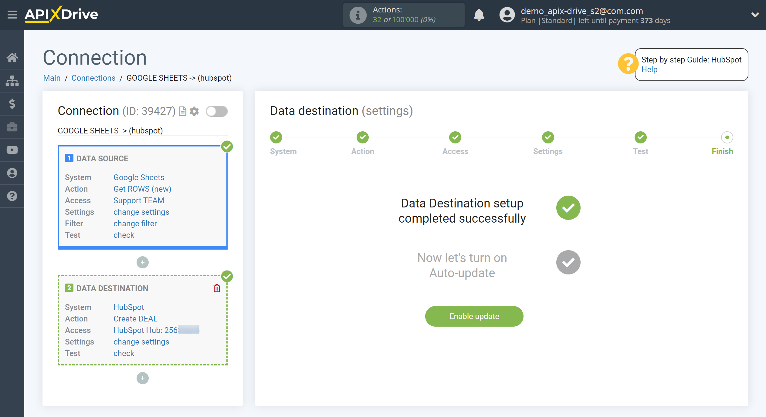 How to Connect HubSpot as Data Destination | Go to connection settings