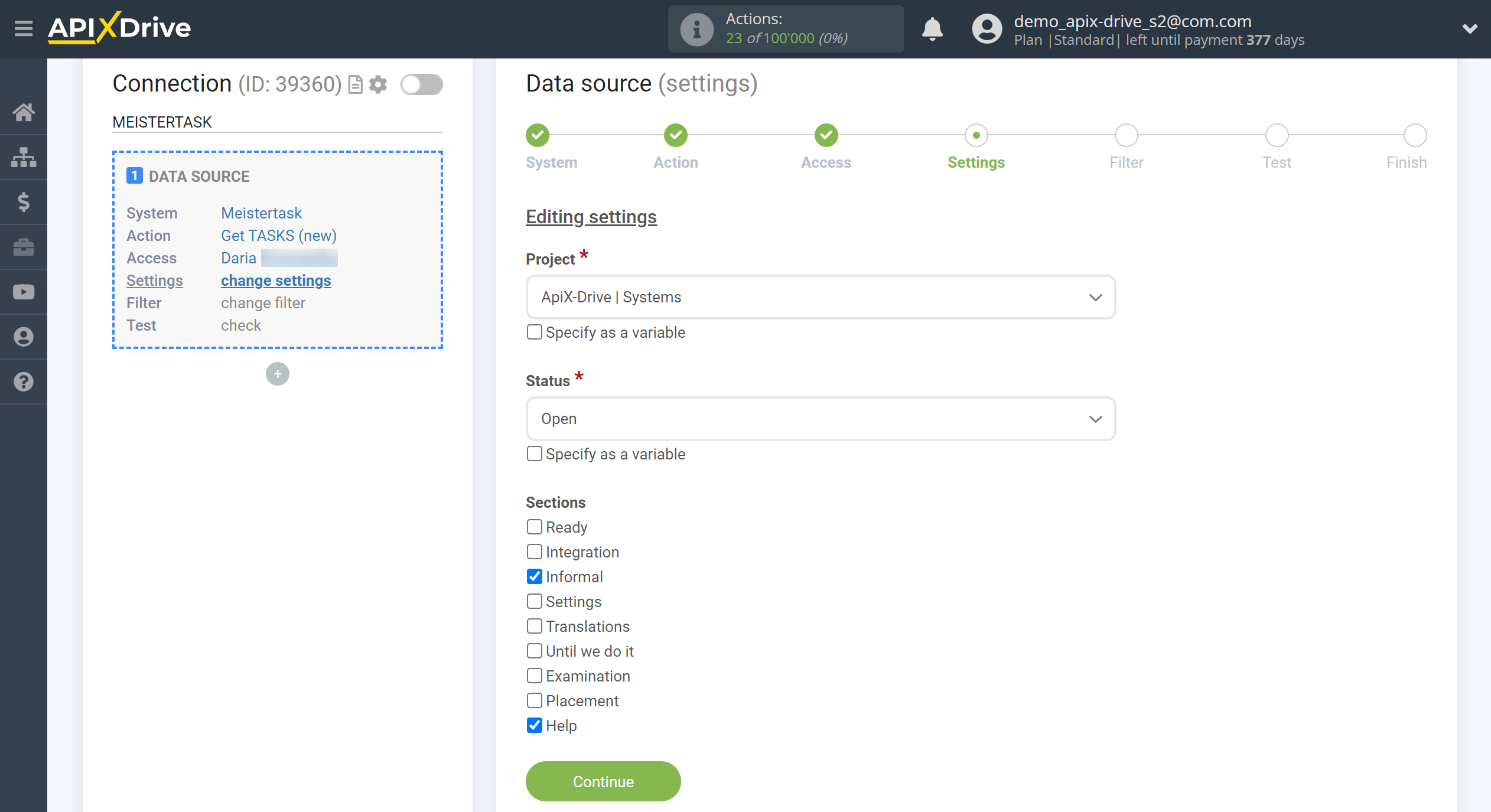 How to Connect MeisterTask as Data Source | Editing settings