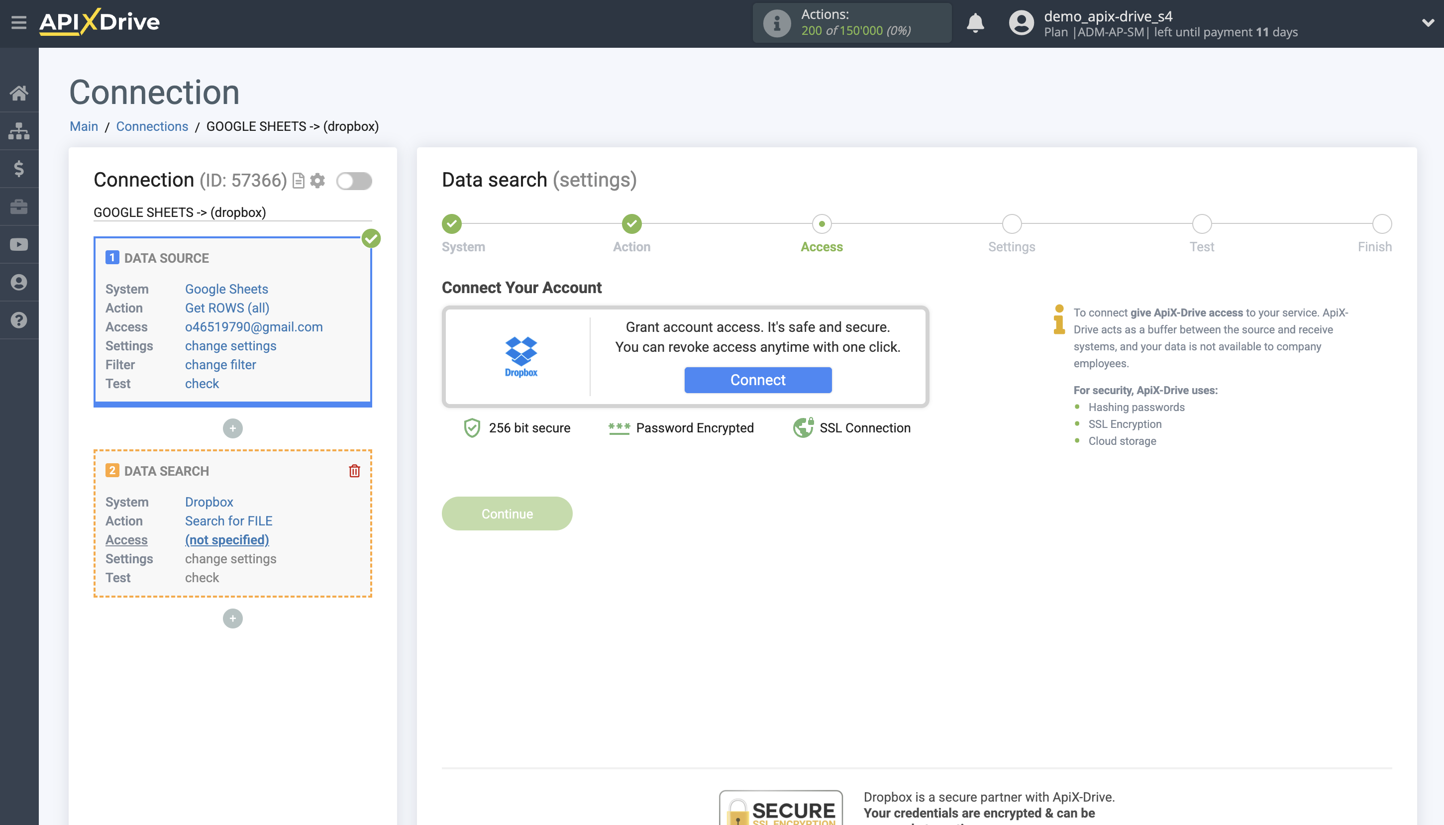 Setting up Dropbox Contact Search in Google Sheets | Connecting account