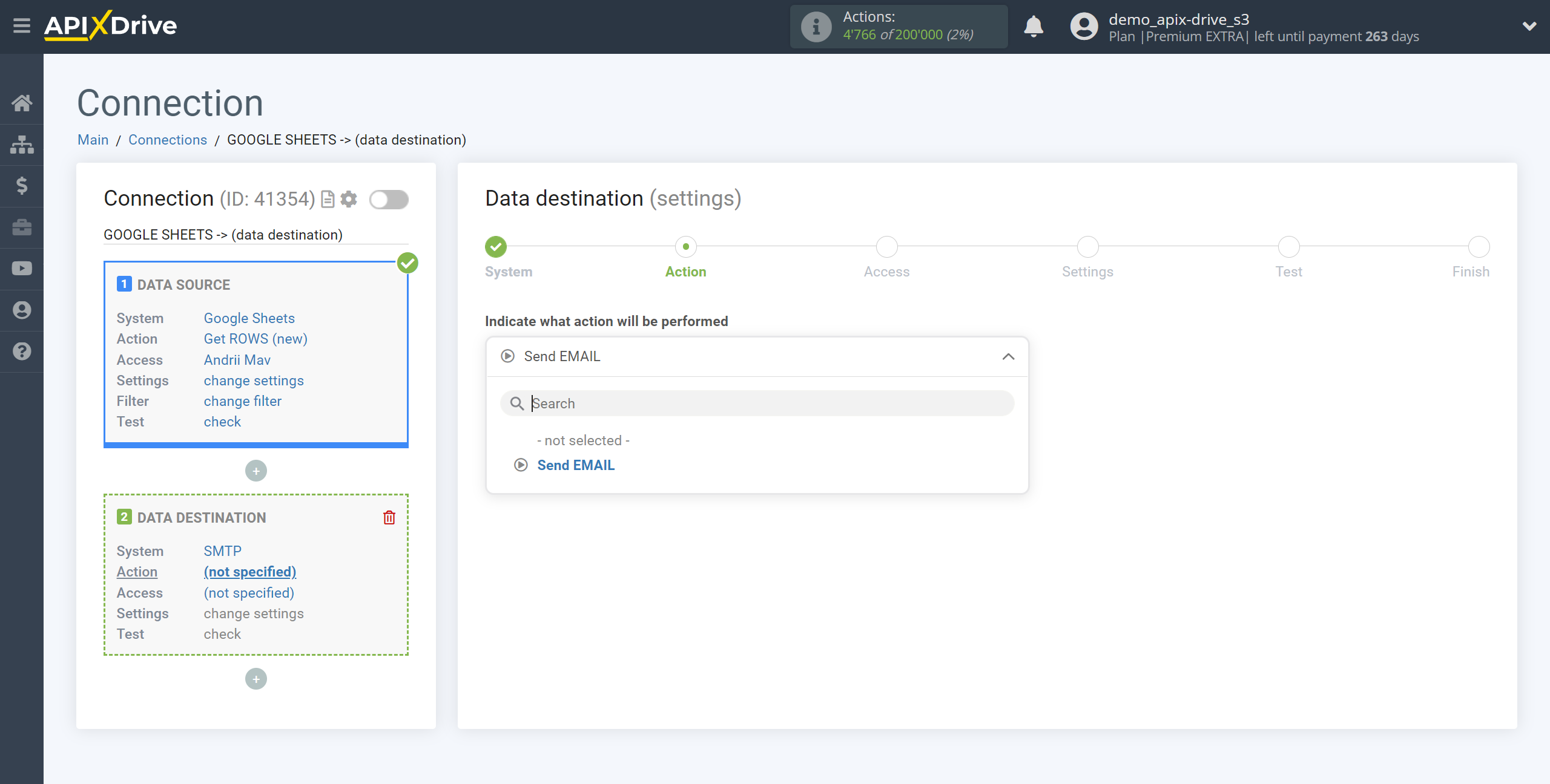 How to Connect SMTP as Data Destination | Action selection