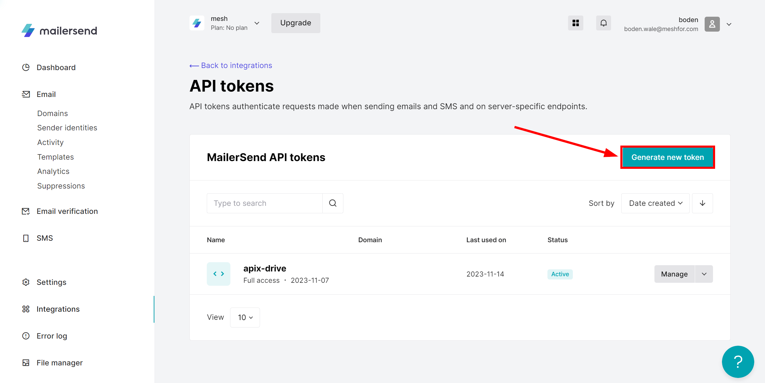 How to Connect MailerSend as Data Source | Creation of API token