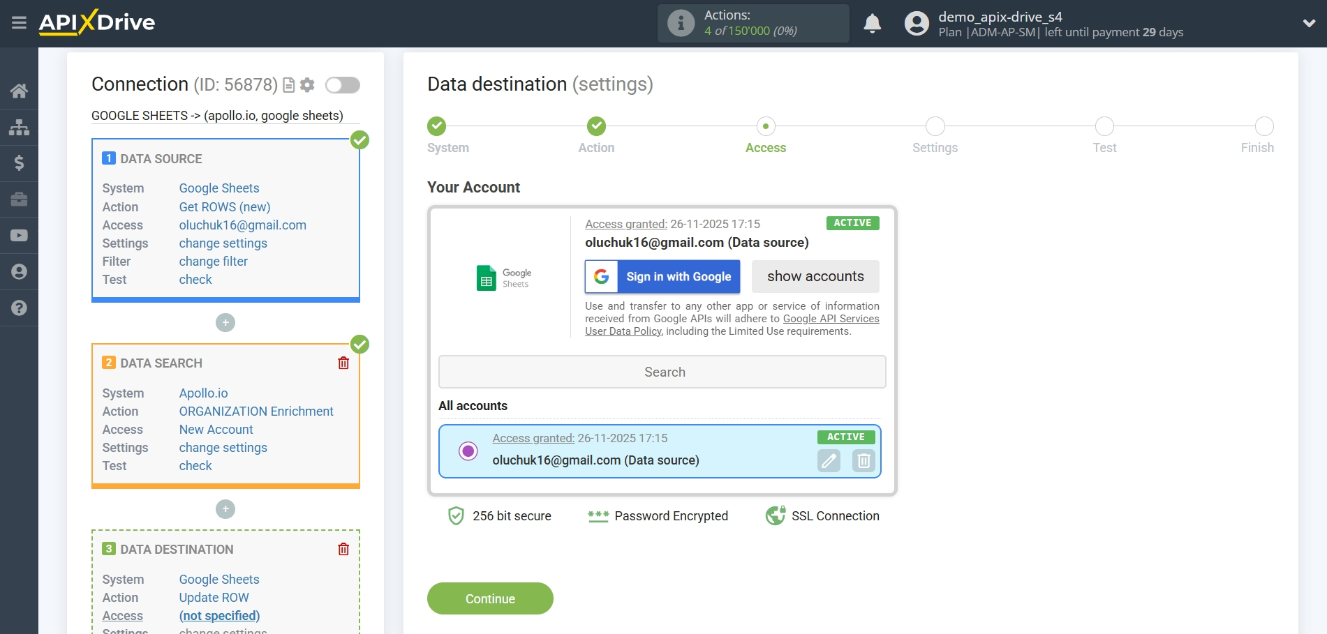 Setting Search to Verification Email Apollo.io in Google Sheets | Account selection Setting Search to Verification Email Apollo.io in Google Sheets | Account selection