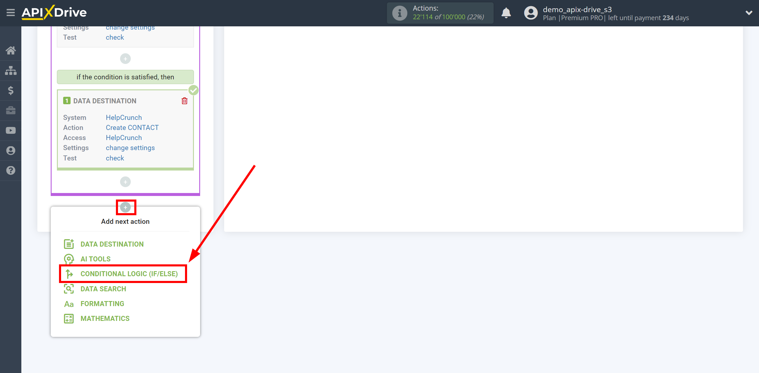 How to setup HelpCrunch Update Contact / Create Contact | Start setting up the additional Logic section