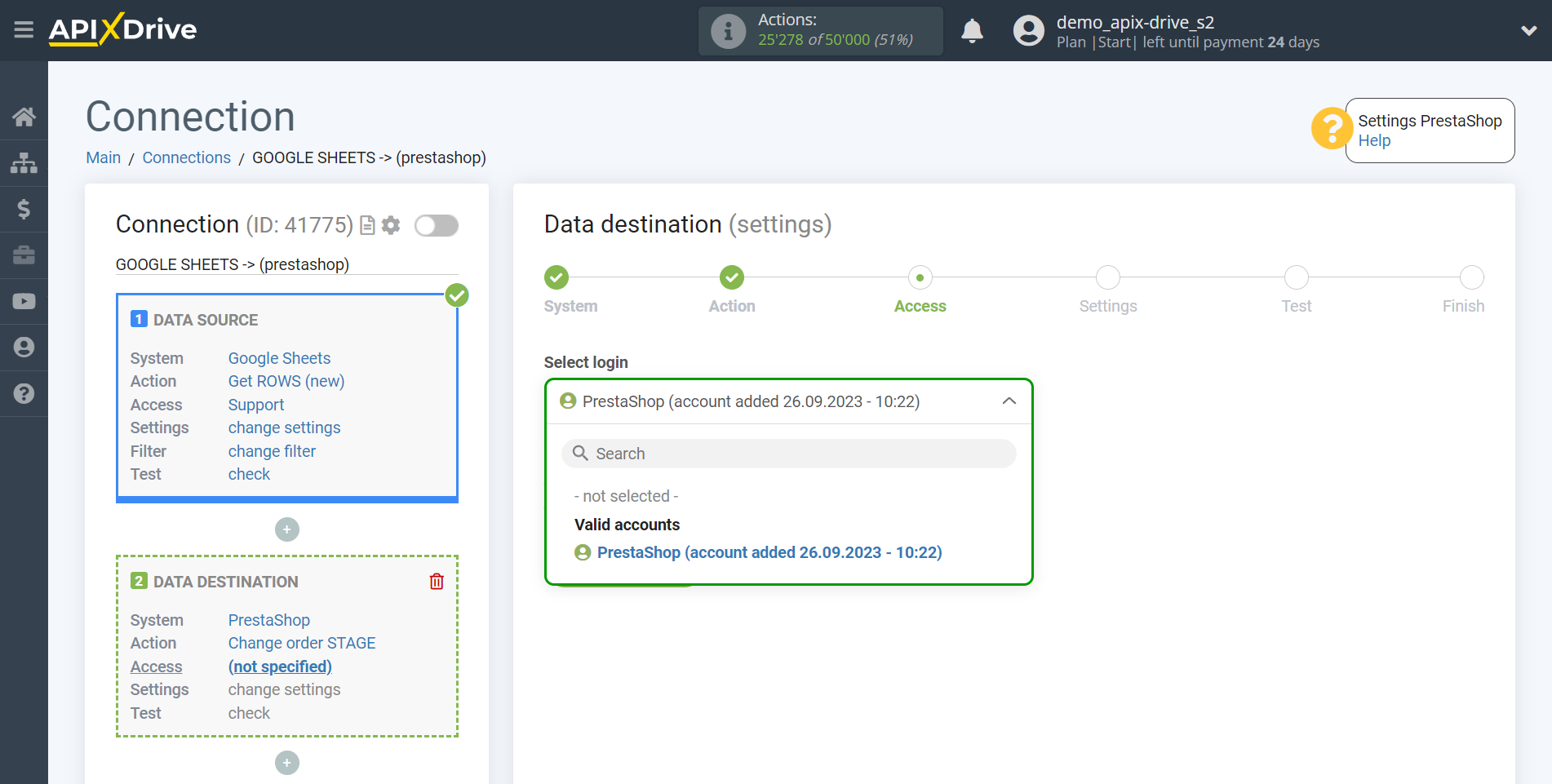 How to Connect PrestaShop as Data Destination | Account connection