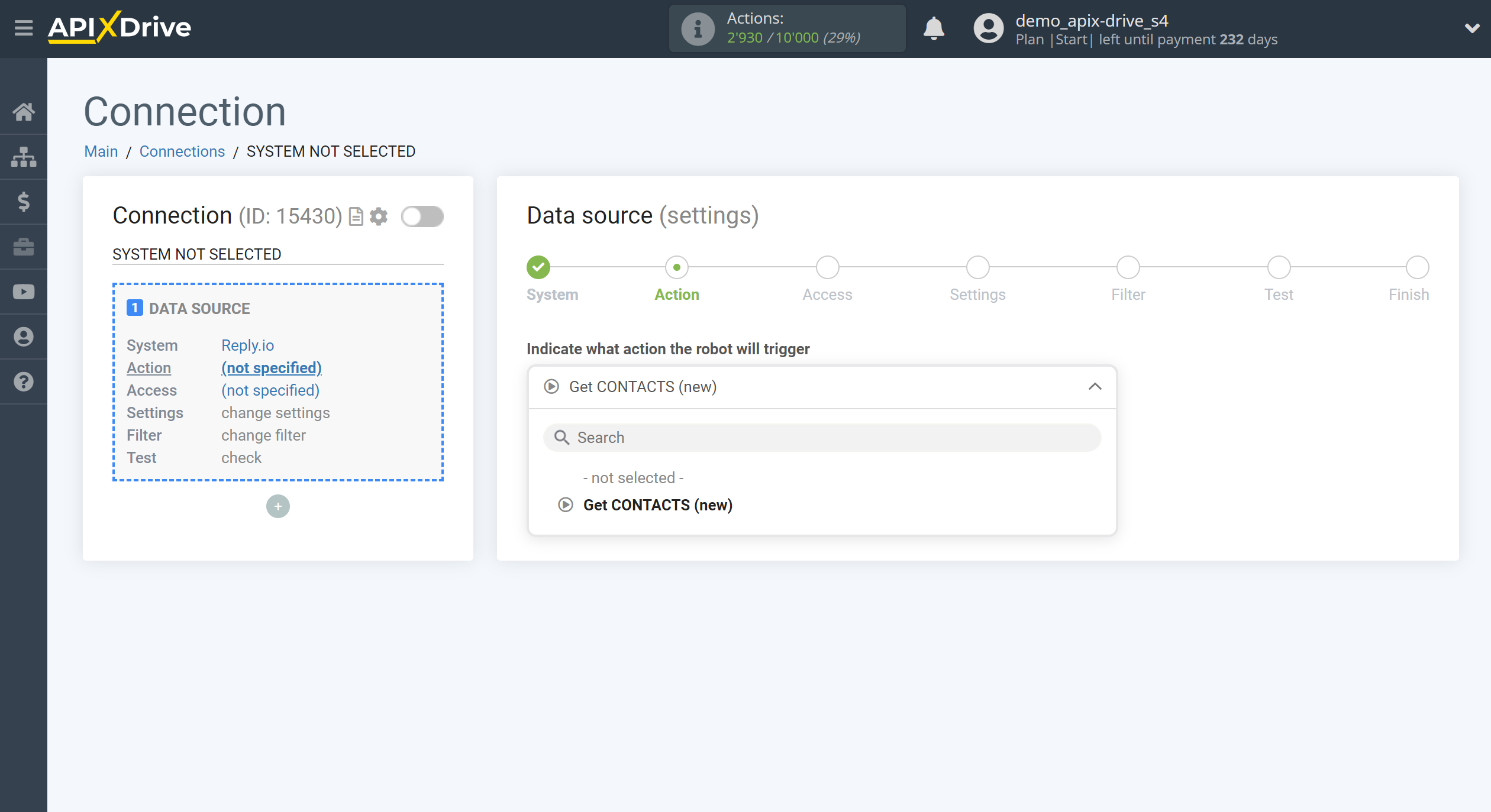 How to Connect Reply.io as Data Source | Action selection