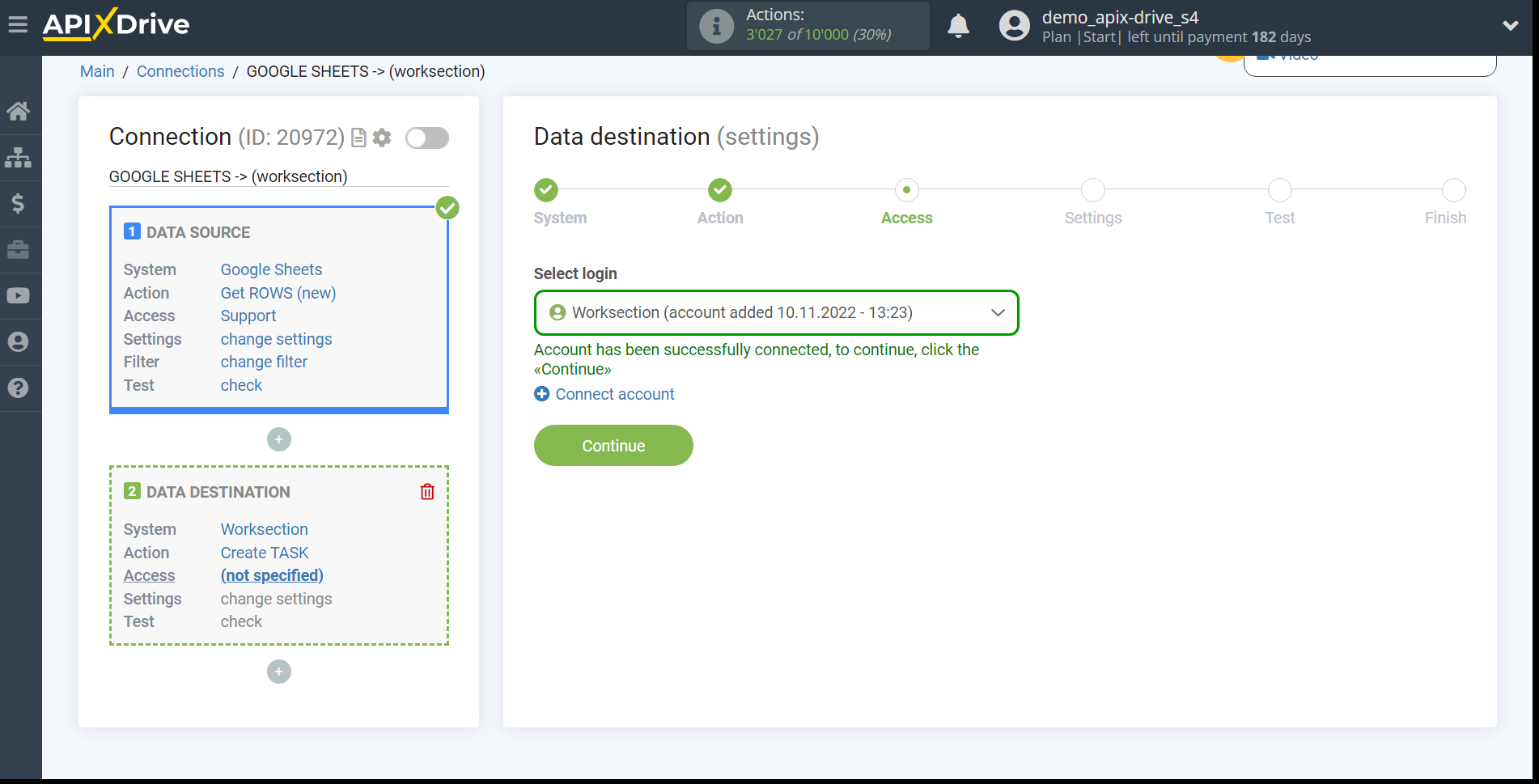 How to Connect Worksection as Data Destination | Account selection