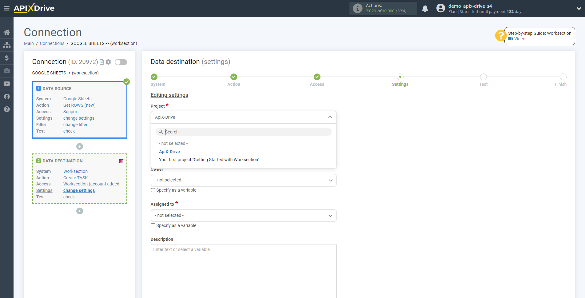 How to Connect Worksection as Data Destination | Assigning fields