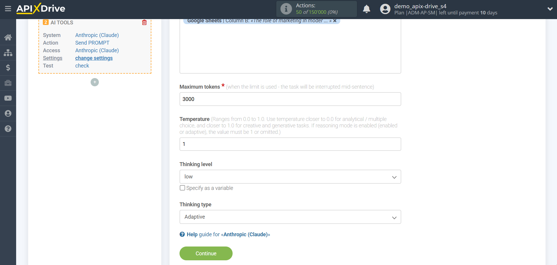 Setting up Anthropic in Google Sheets | Assigning fields