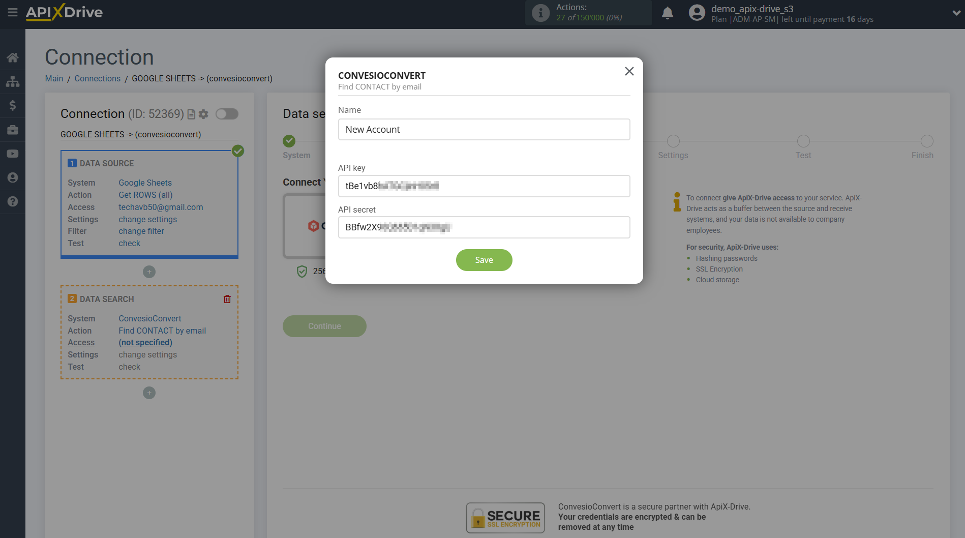 Setting up ConvesioConvert Contact Search in Google Sheets | Entering data for access and connection Setting up ConvesioConvert Contact Search in Google Sheets | Entering data for access and connection