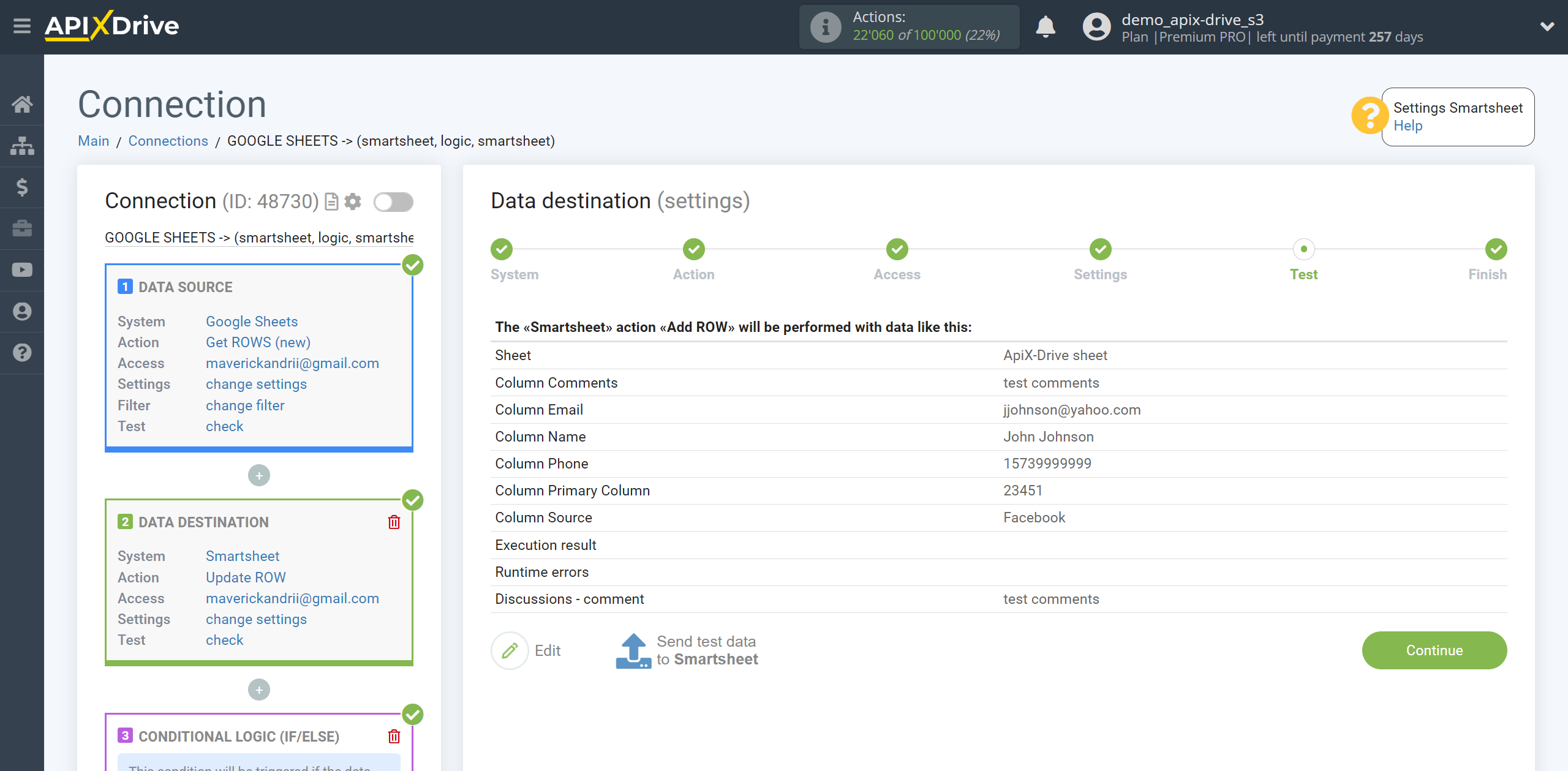 How to setup Smartsheet Update Row / Add Row | Test data