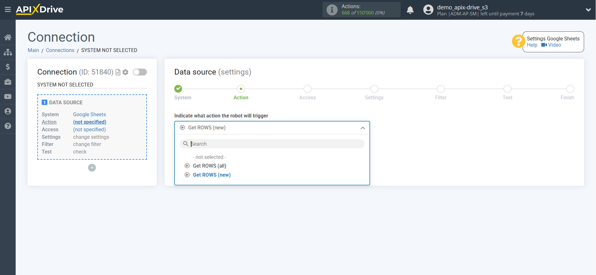 Adding a Data Source | Selecting an action