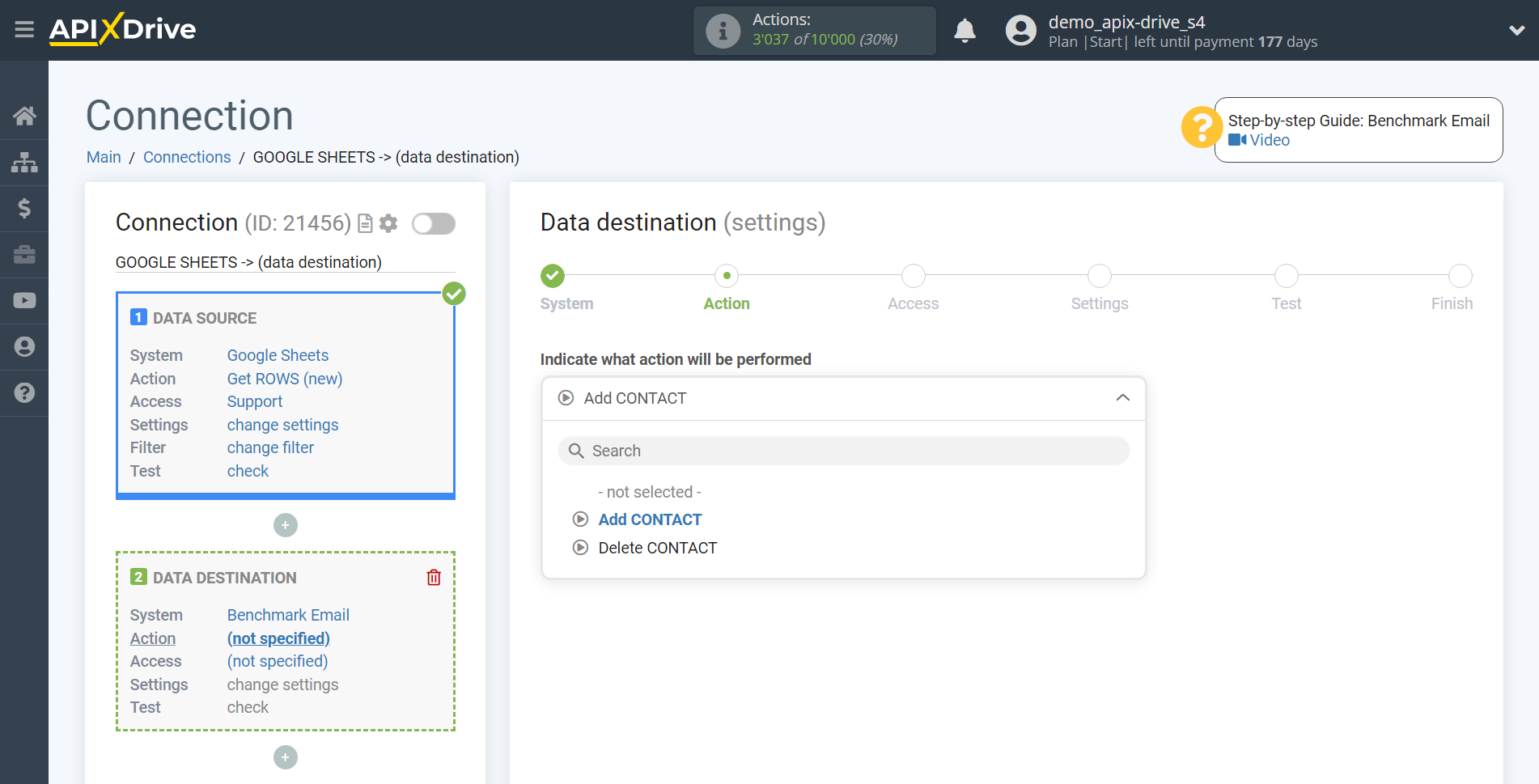 How to Connect Benchmarkemail as Data Destination | Action selection