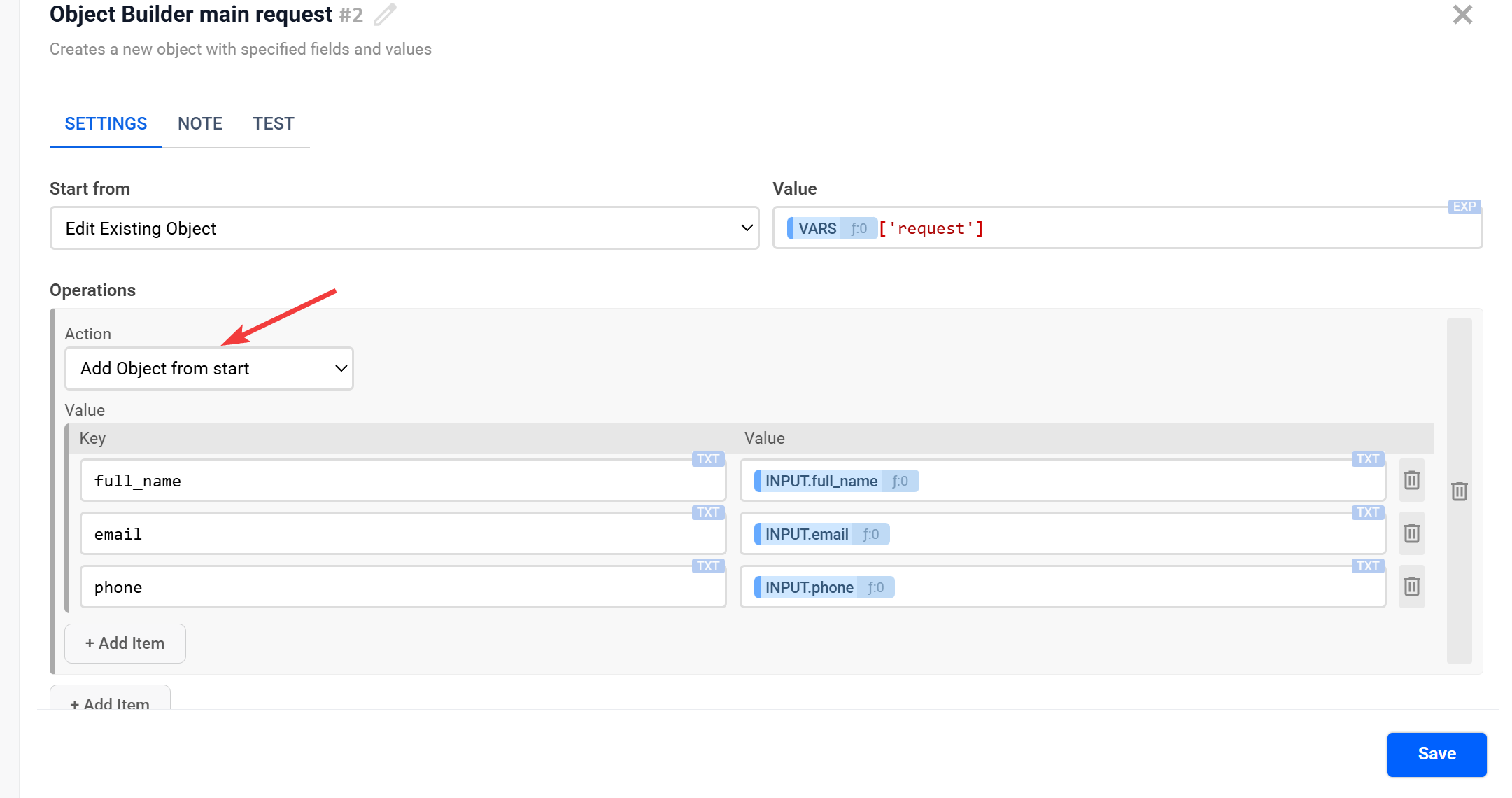 Object Builder | Налаштування дії&nbsp;Add Object from start