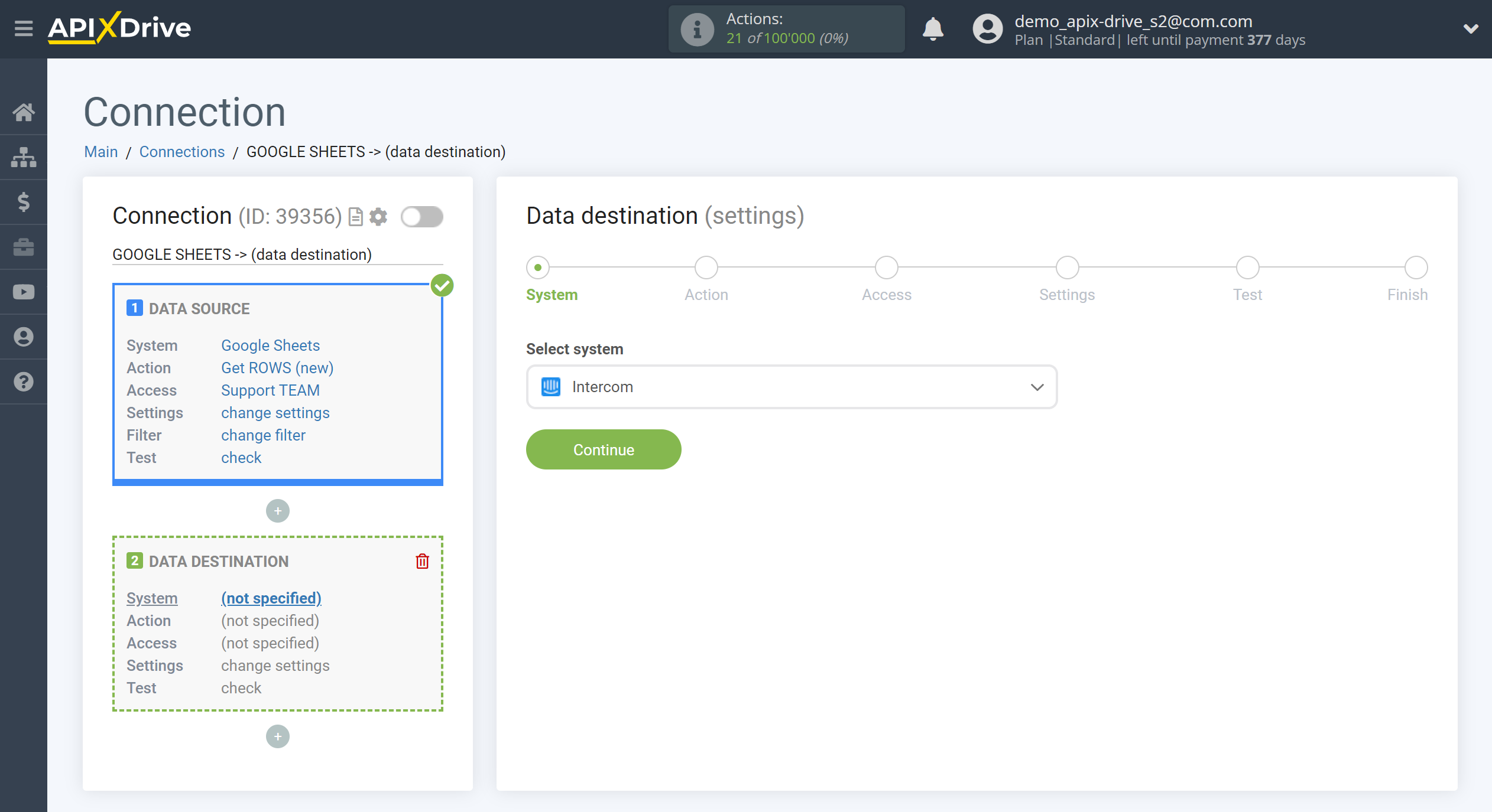 How to Connect Intercom as Data Destination | System selection