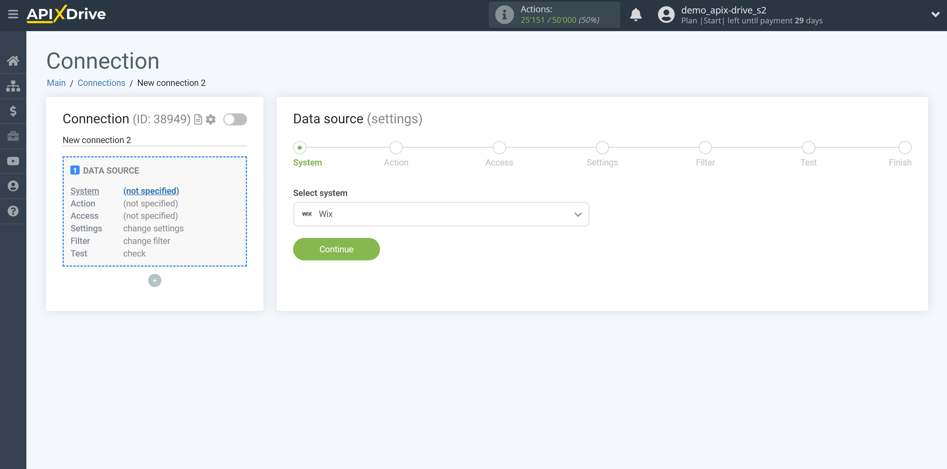 How to Connect Wix as Data Source | System selection