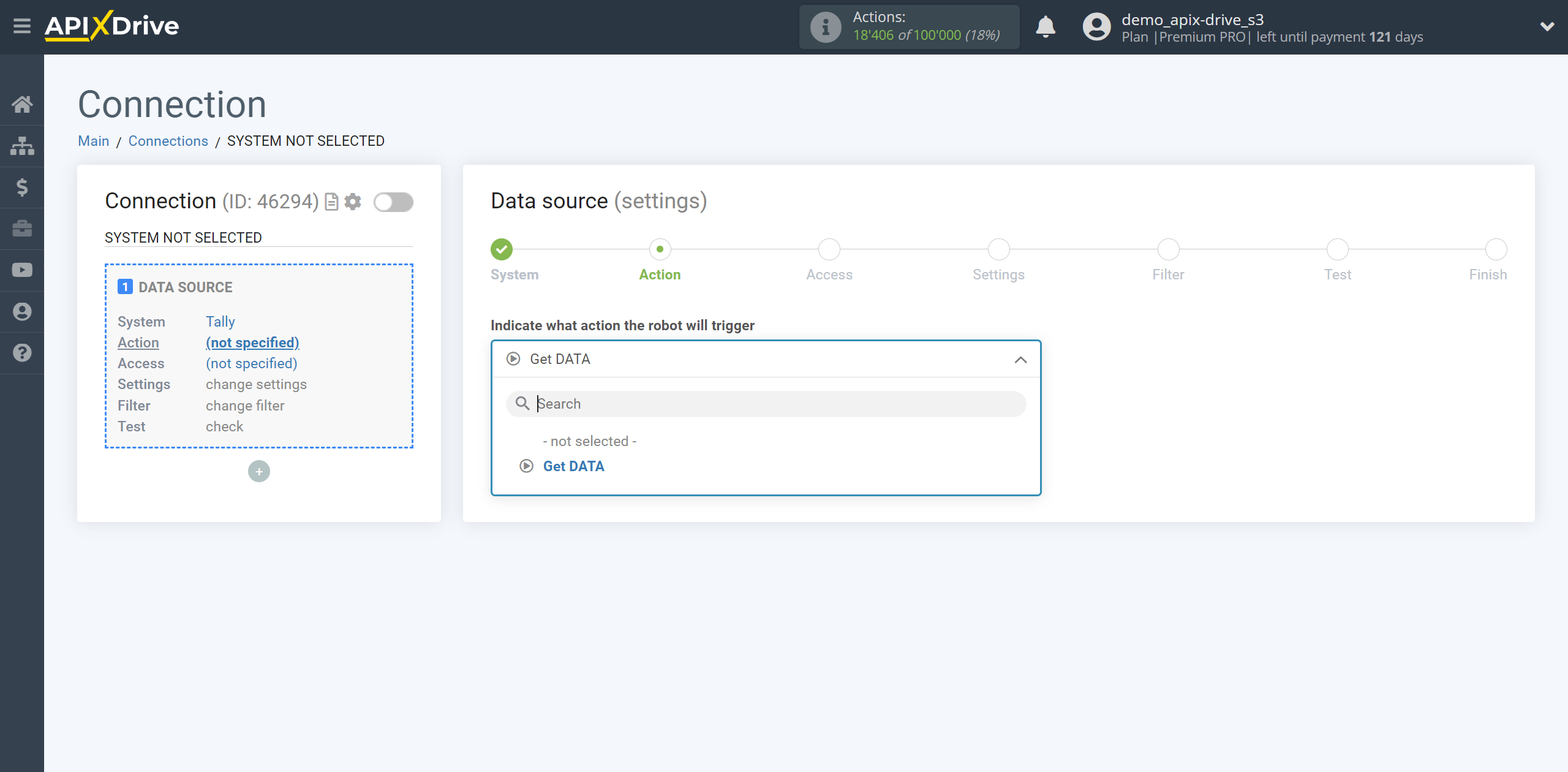 How to Connect Tally as Data Source | Action selection