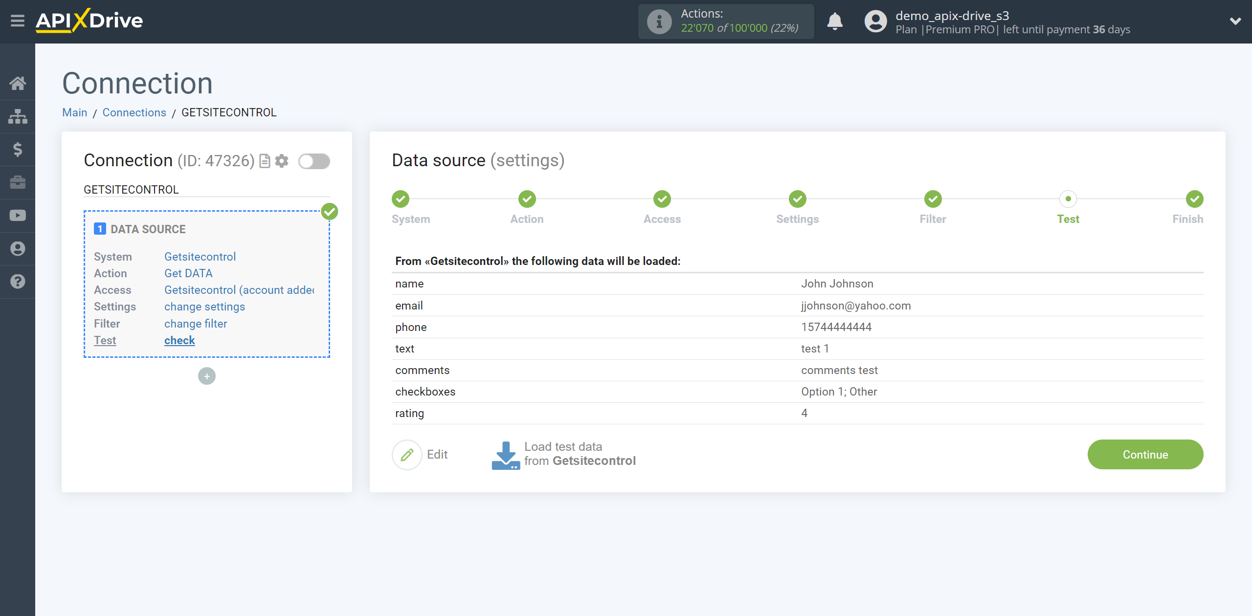 How to Connect Getsitecontrol as Data Source | Test data