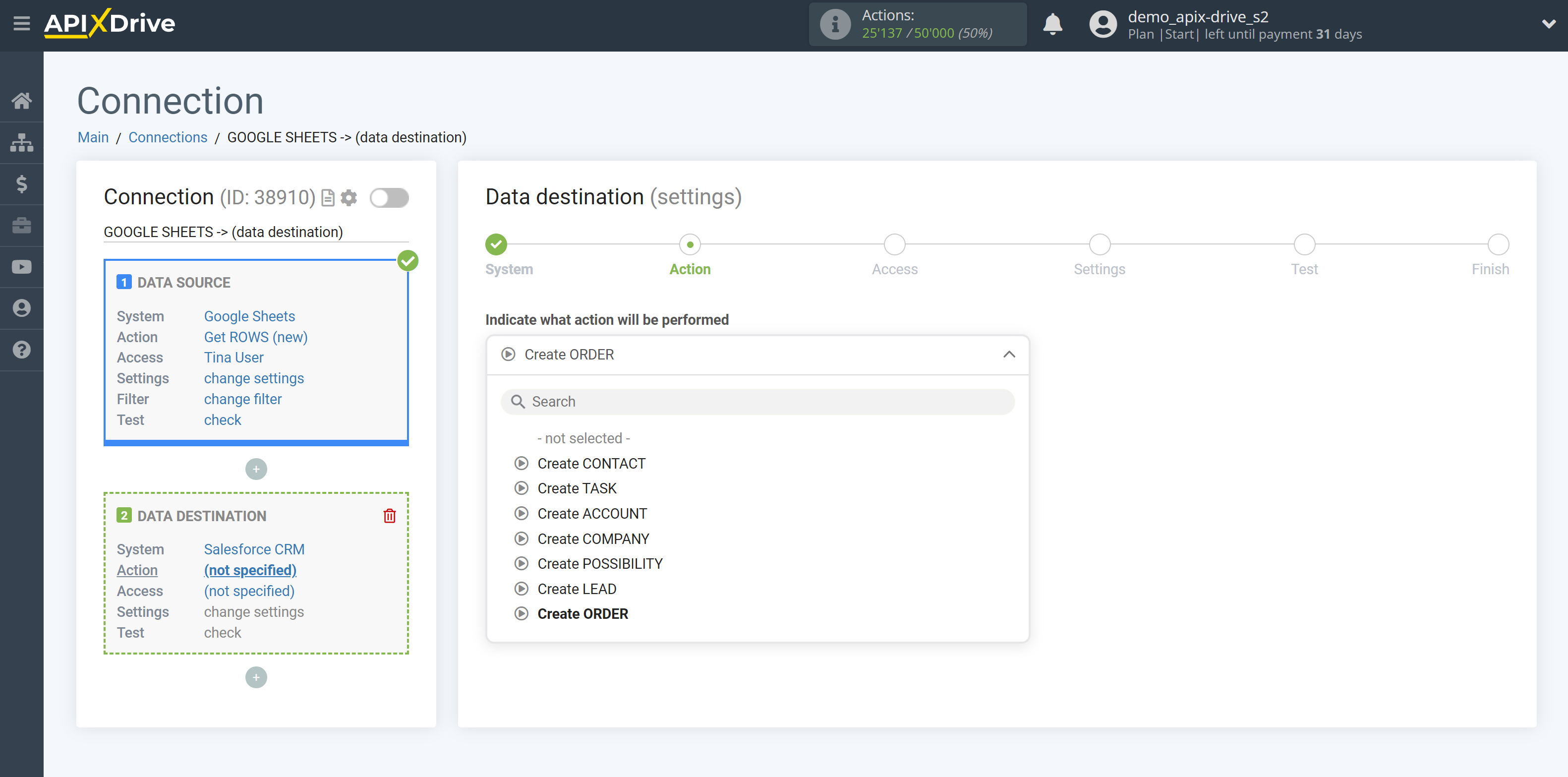 How to Connect Salesforce CRM as Data Destination | Action selection