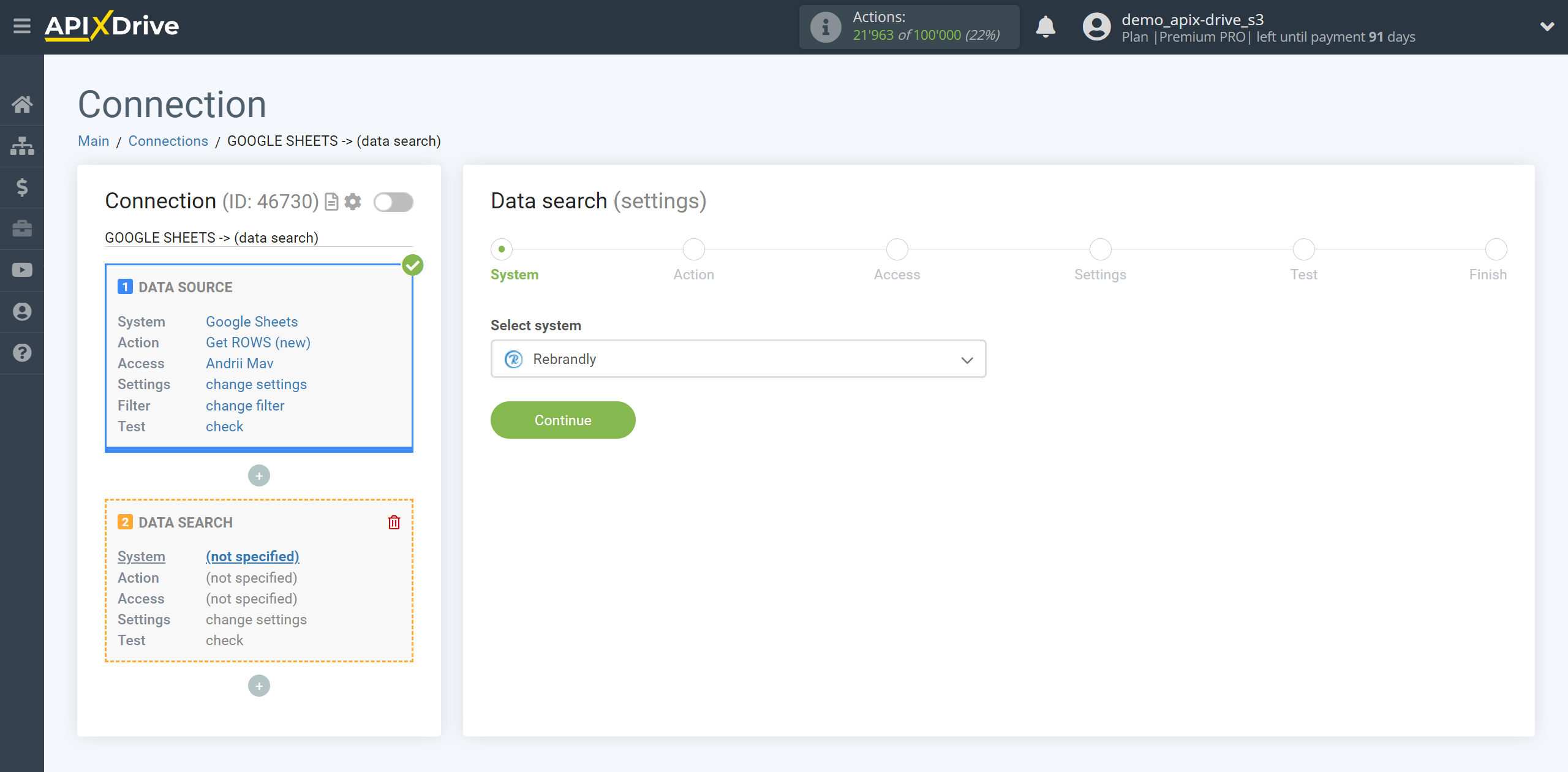 Setting up Rebrandly Data Search in Google Sheets | System selection