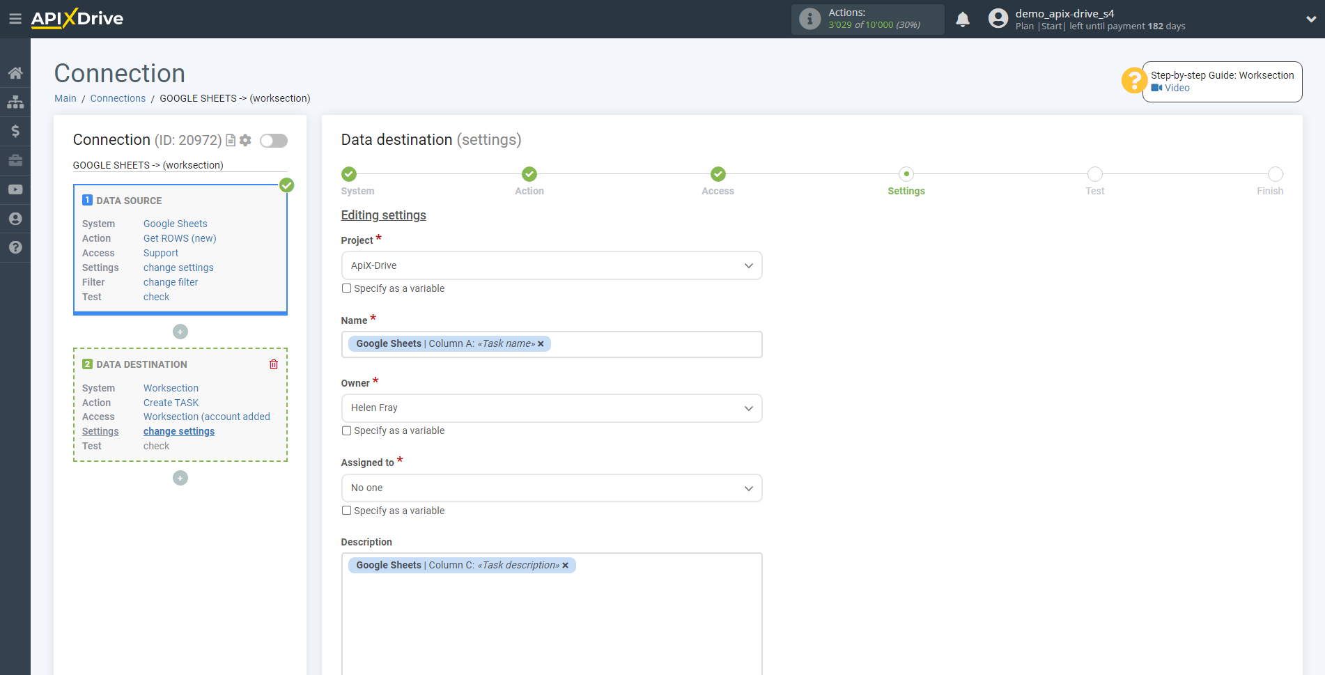 How to Connect Worksection as Data Destination | Assigning fields