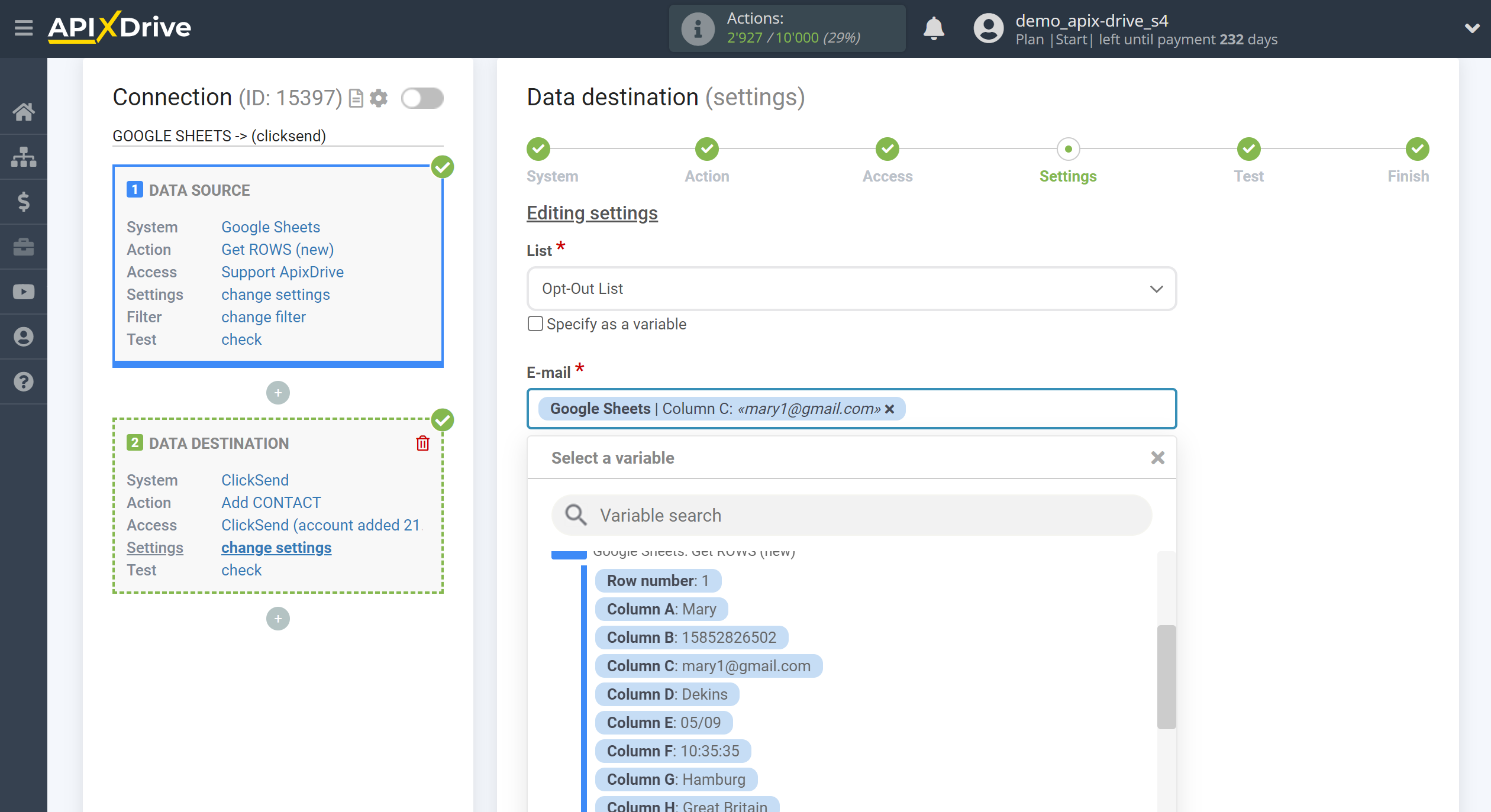 How to Connect ClickSend as Data Destination | Assigning fields