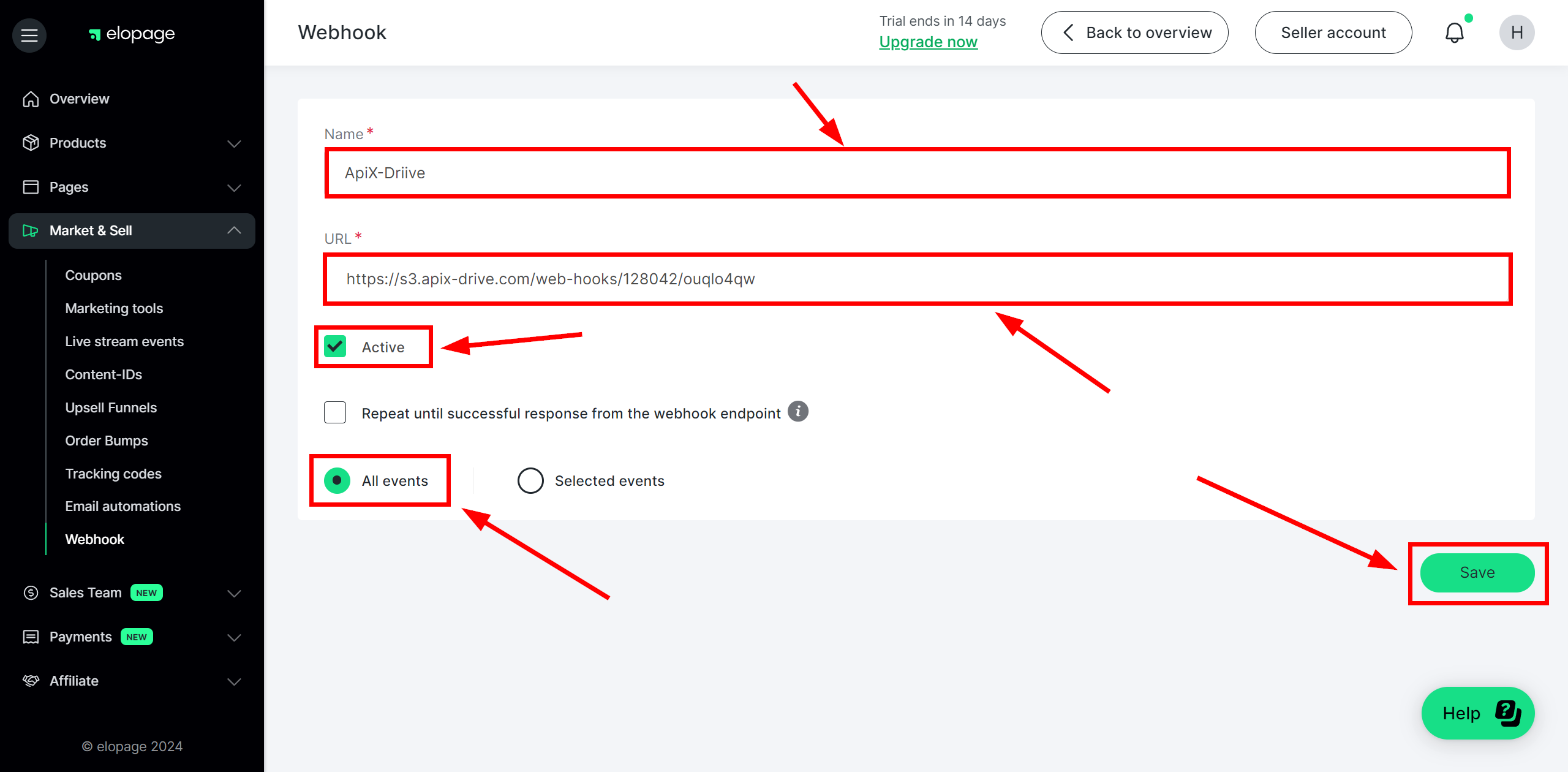 How to Connect Elopage as Data Source | Settings Webhook&nbsp;