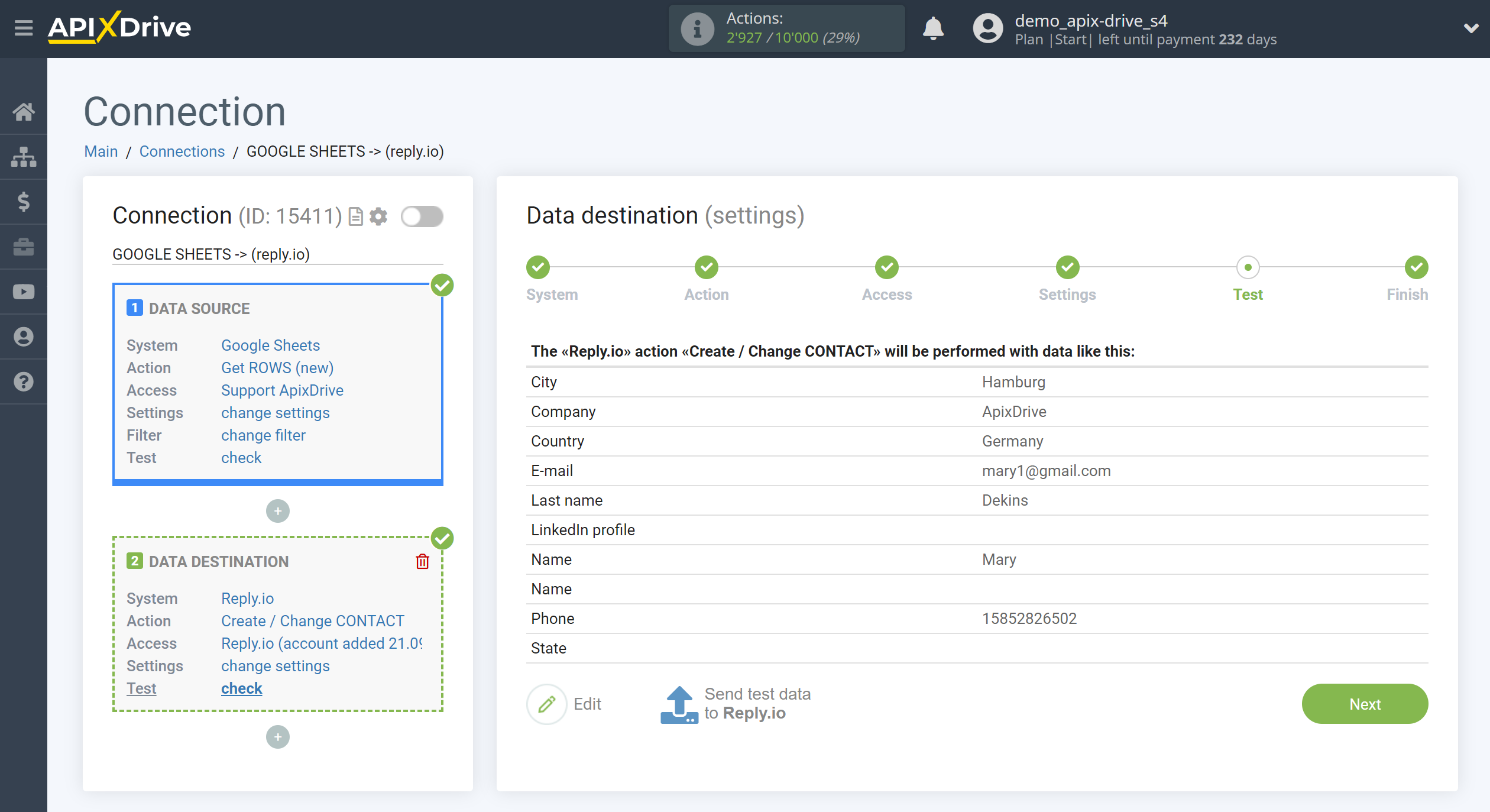 How to Connect Reply.io as Data Destination | Test data