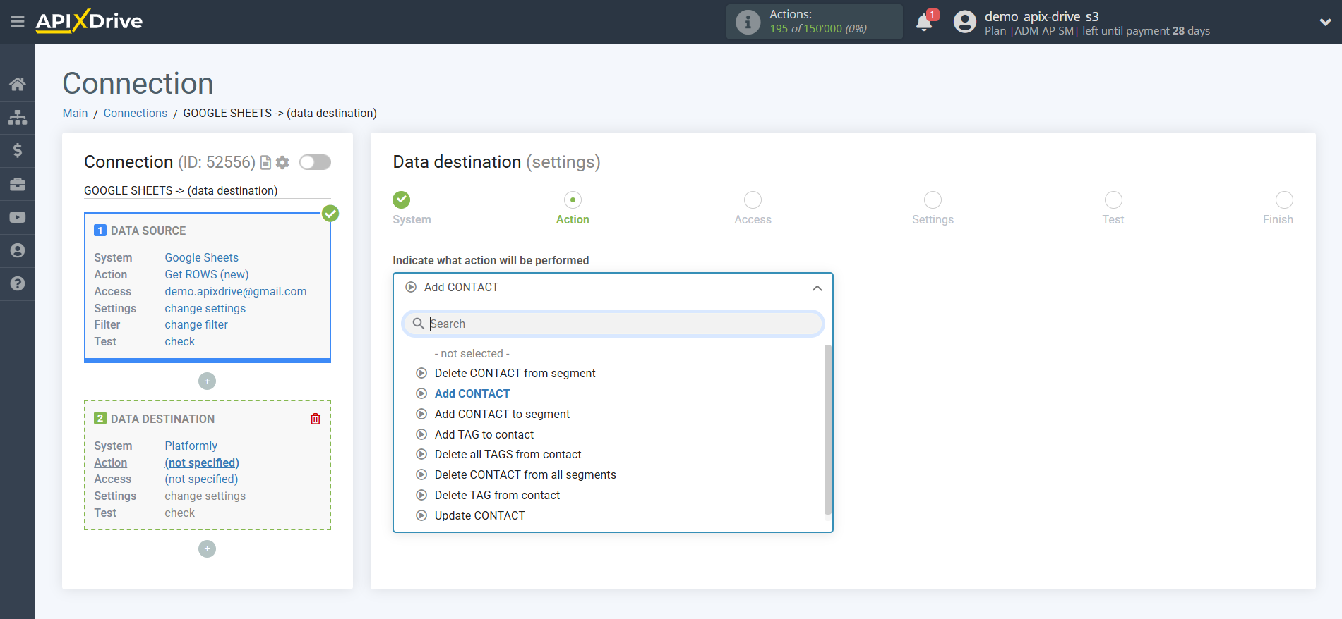 How to Connect Platformly as Data Destination | Action selection